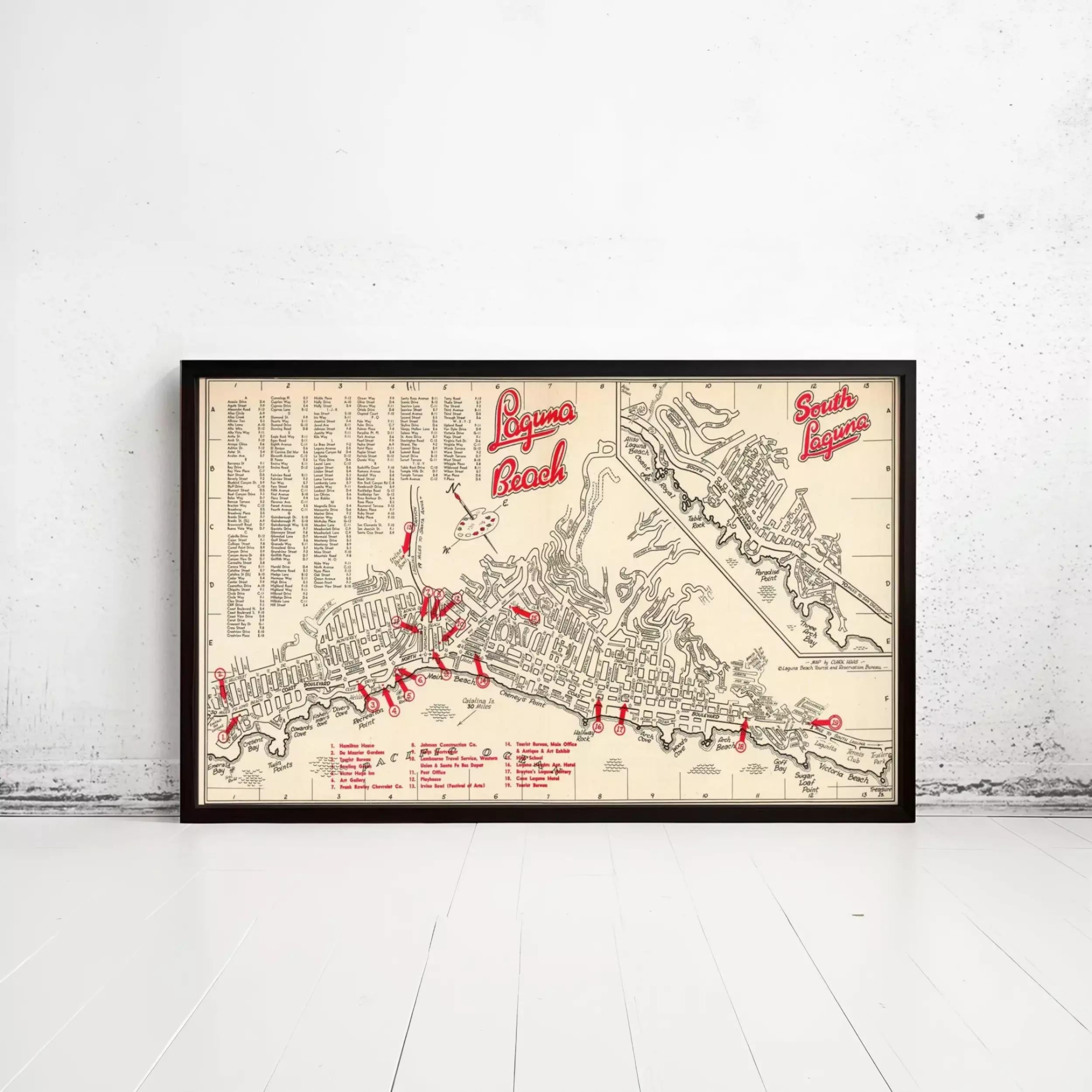 A framed vintage map of the Largo area, showing various landmarks and locations.