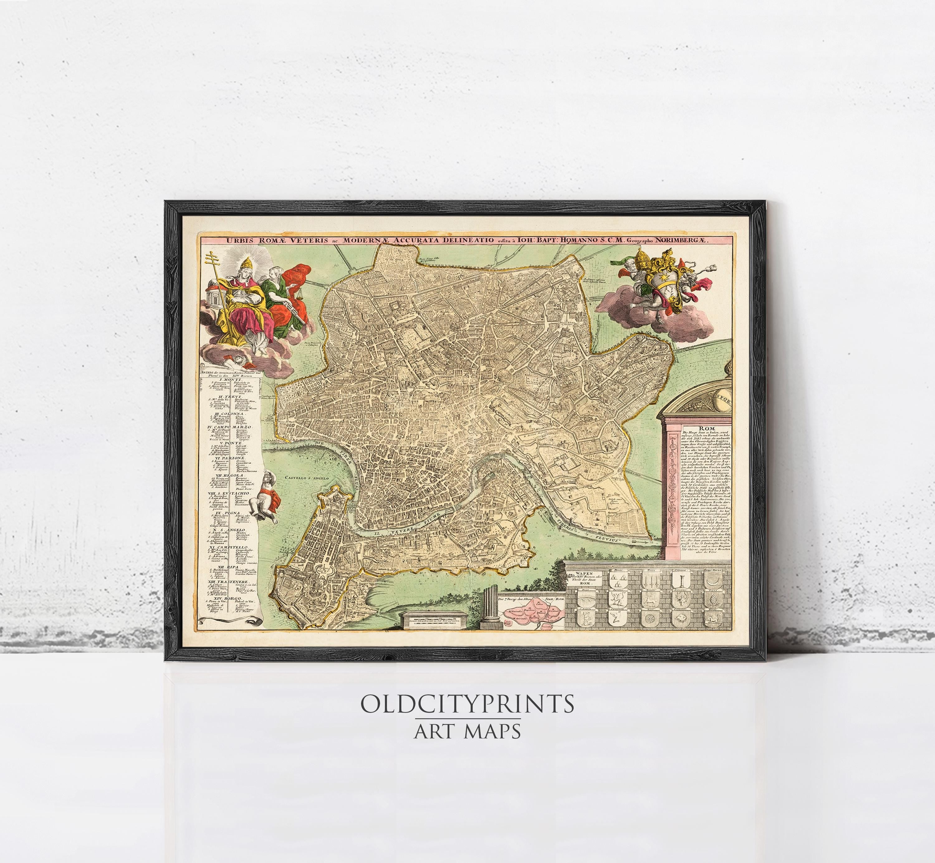 The image is a framed antique map of Rome, Italy, depicting the city's layout and surrounding areas.