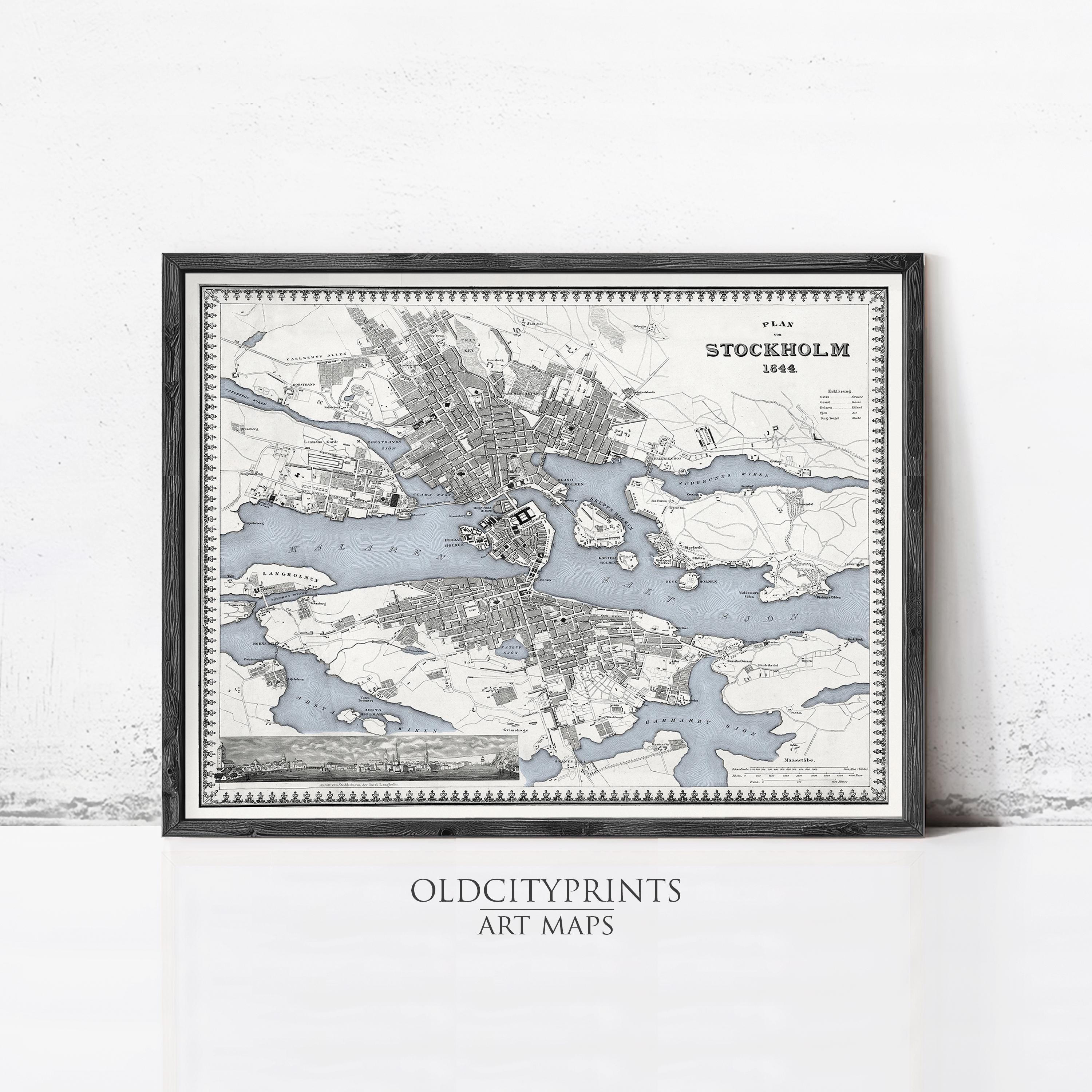 The image is a framed art print depicting a map of Stockholm, Sweden.