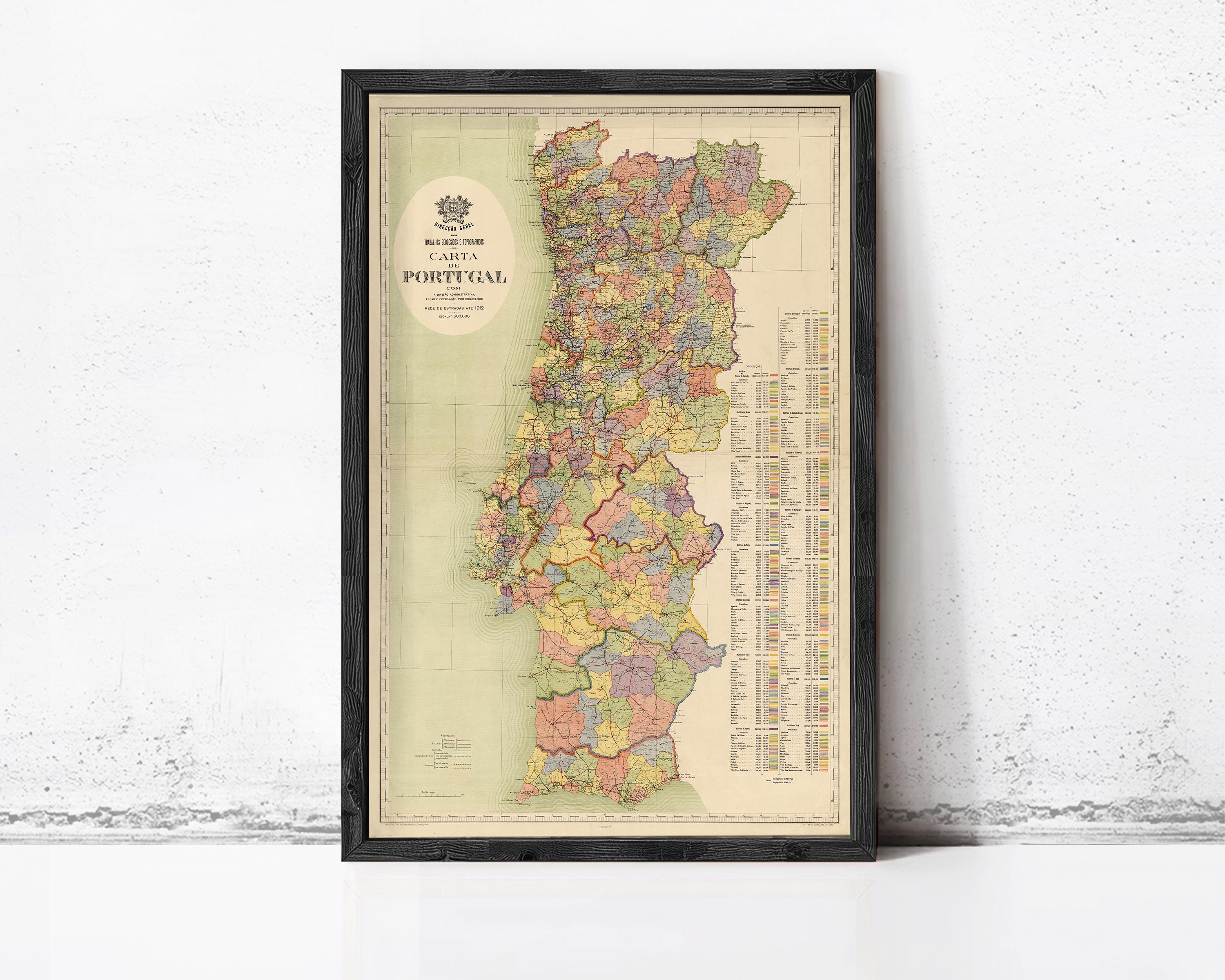The image is a framed map of Portugal, showing the country's geographical layout and boundaries.