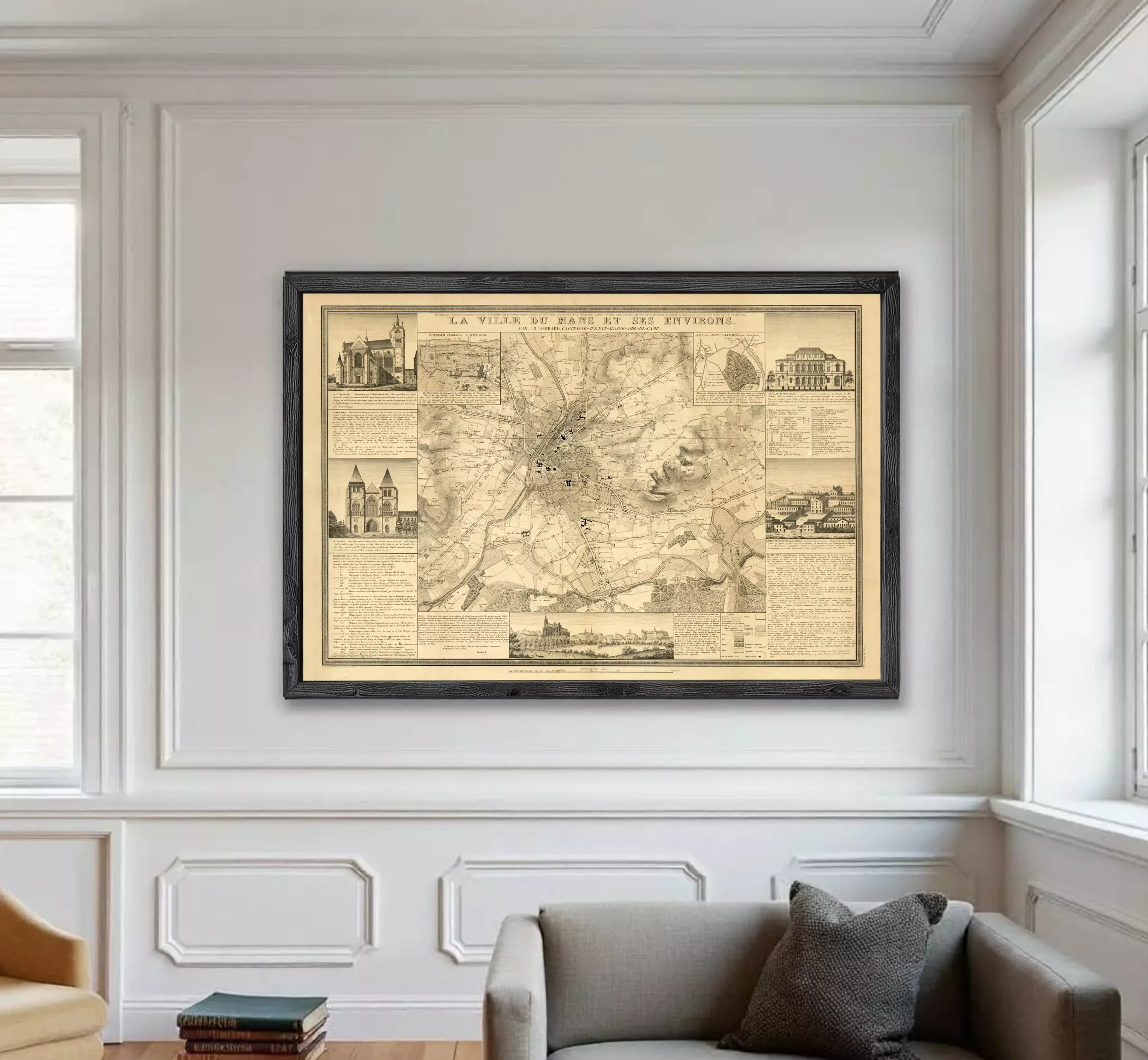 The image is a framed vintage map of a city, depicting various landmarks and locations.