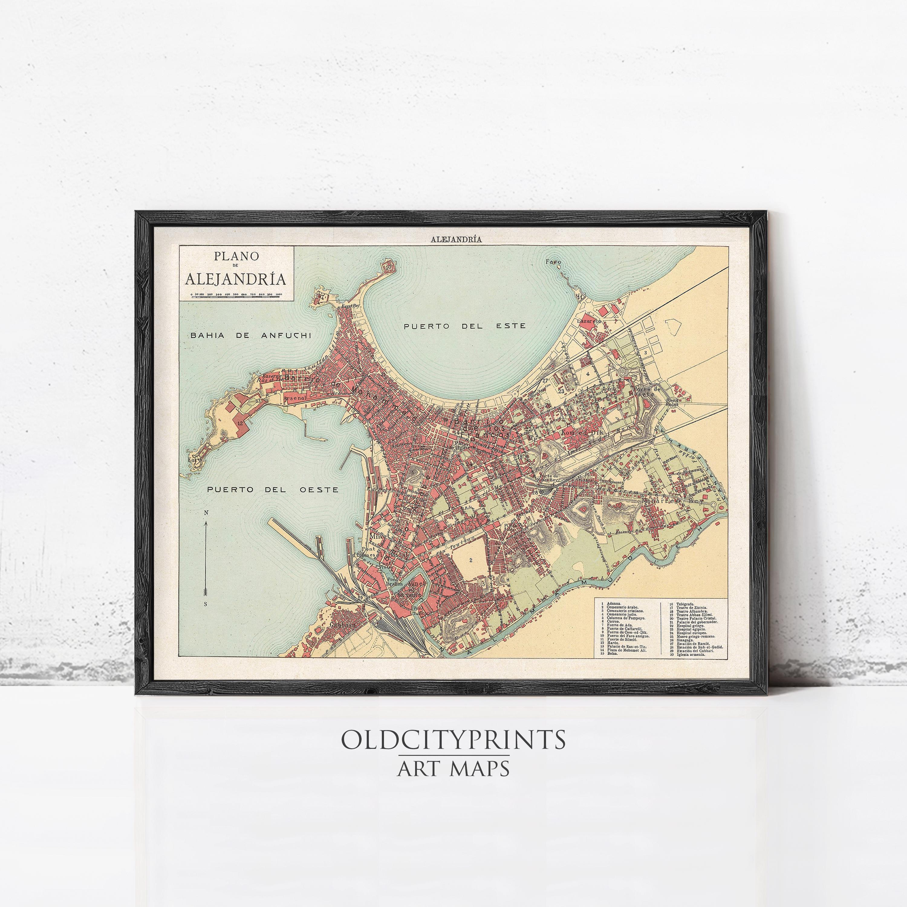 The image is a framed vintage map of the city of Aleppo, Syria, depicting the city's layout and surrounding areas.