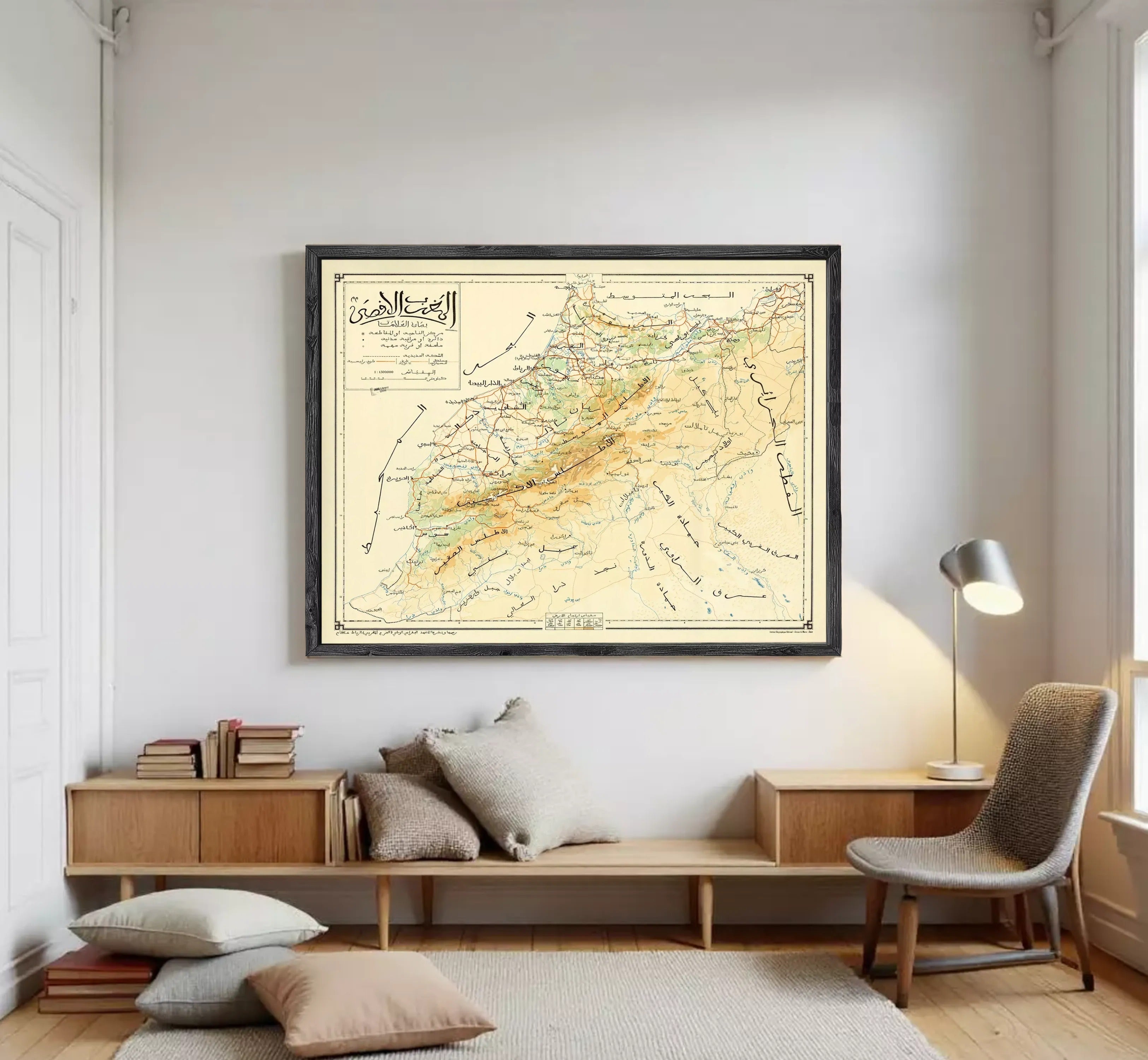 The image is a framed vintage map of a region, likely depicting a mountainous area, with various roads and landmarks marked on it.
