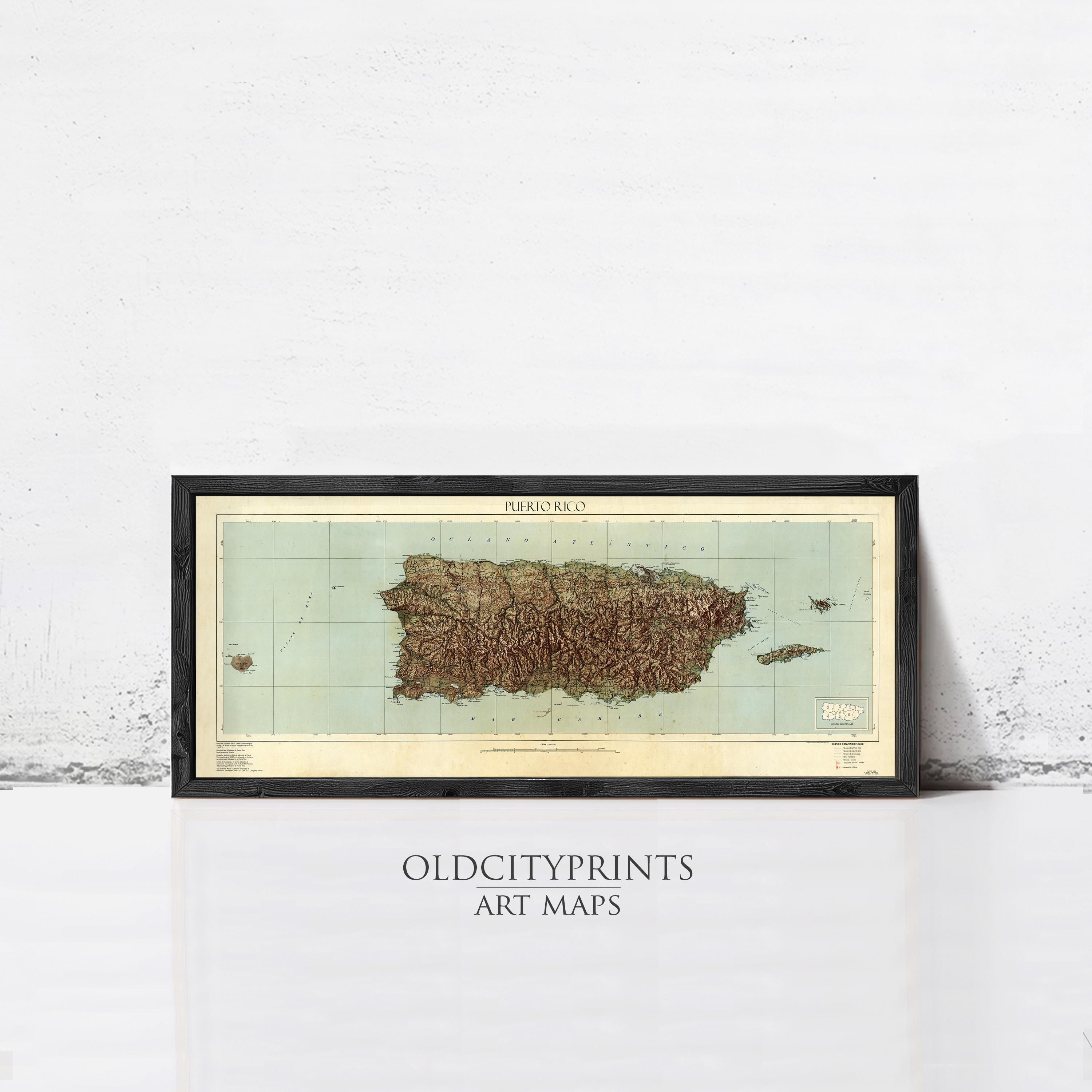 The image is a framed art print depicting a map of Puerto Rico.