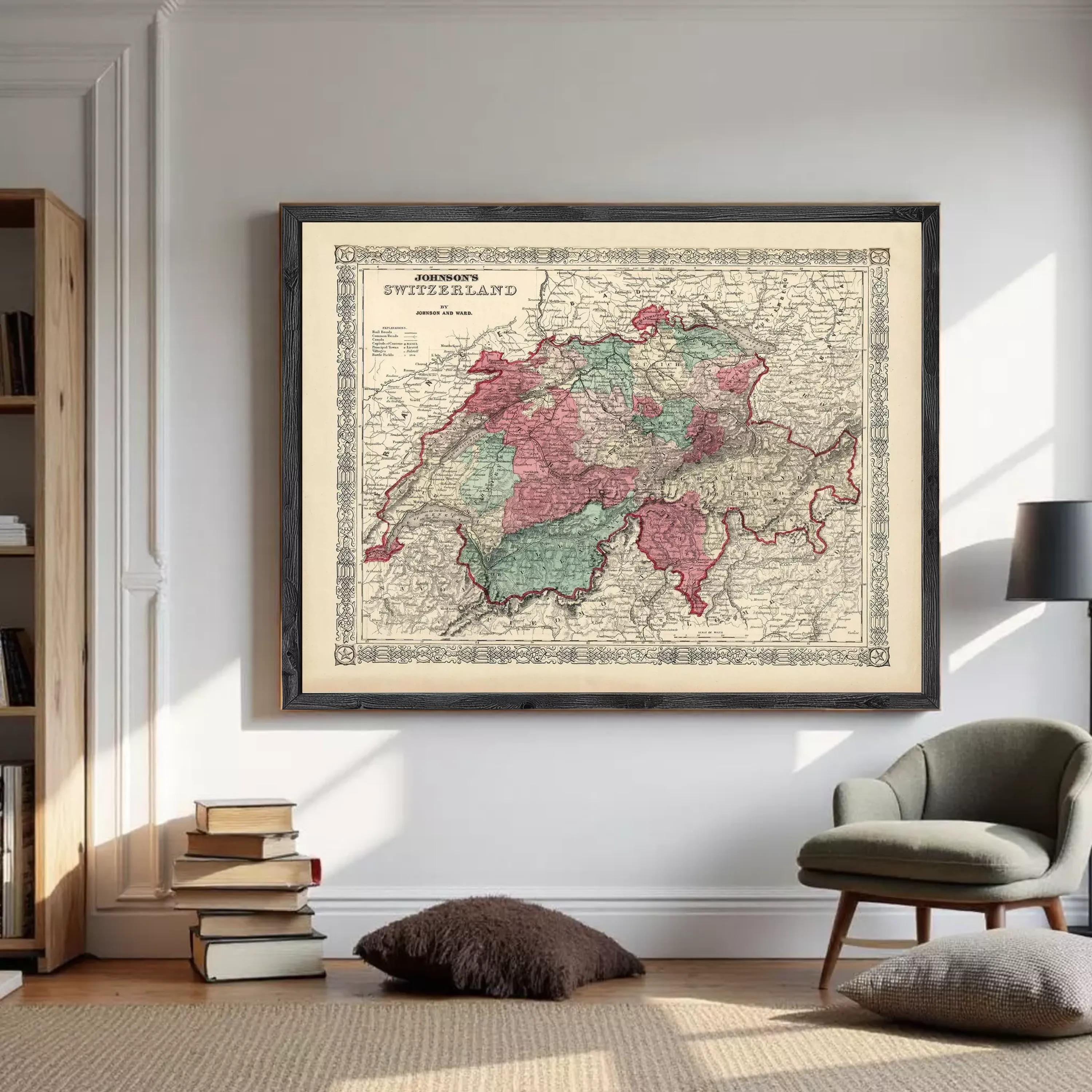 The image is a framed vintage map of Switzerland, depicting the country's geographical layout and boundaries.