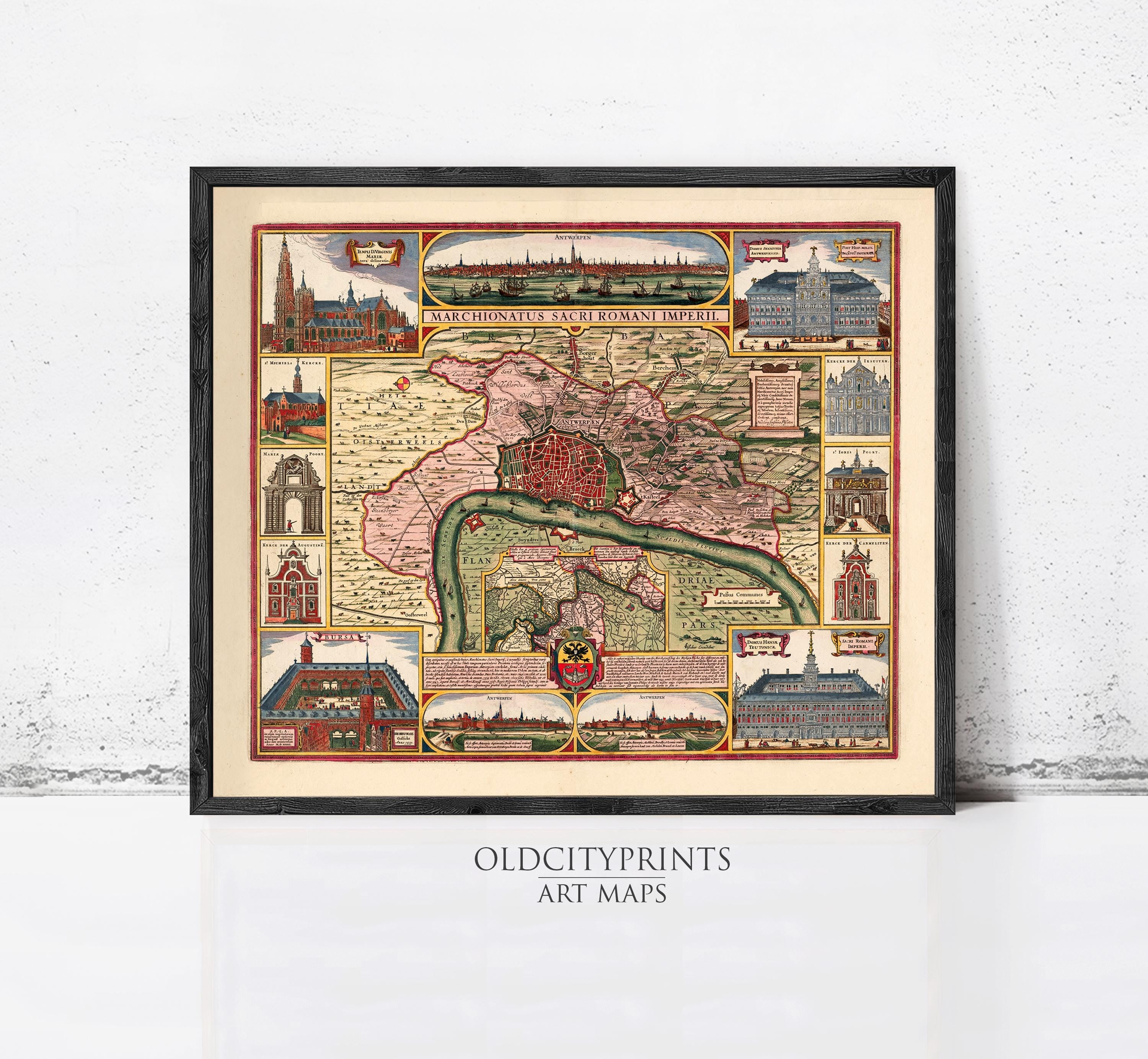 The image is a framed art print depicting a map of the city of Rome, Italy, with various landmarks and buildings labeled.