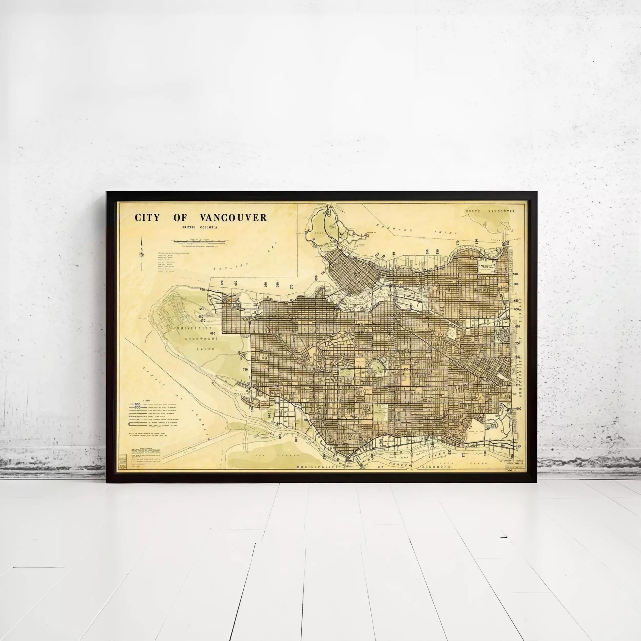 The image is a framed vintage map of the city of Vancouver, Canada.