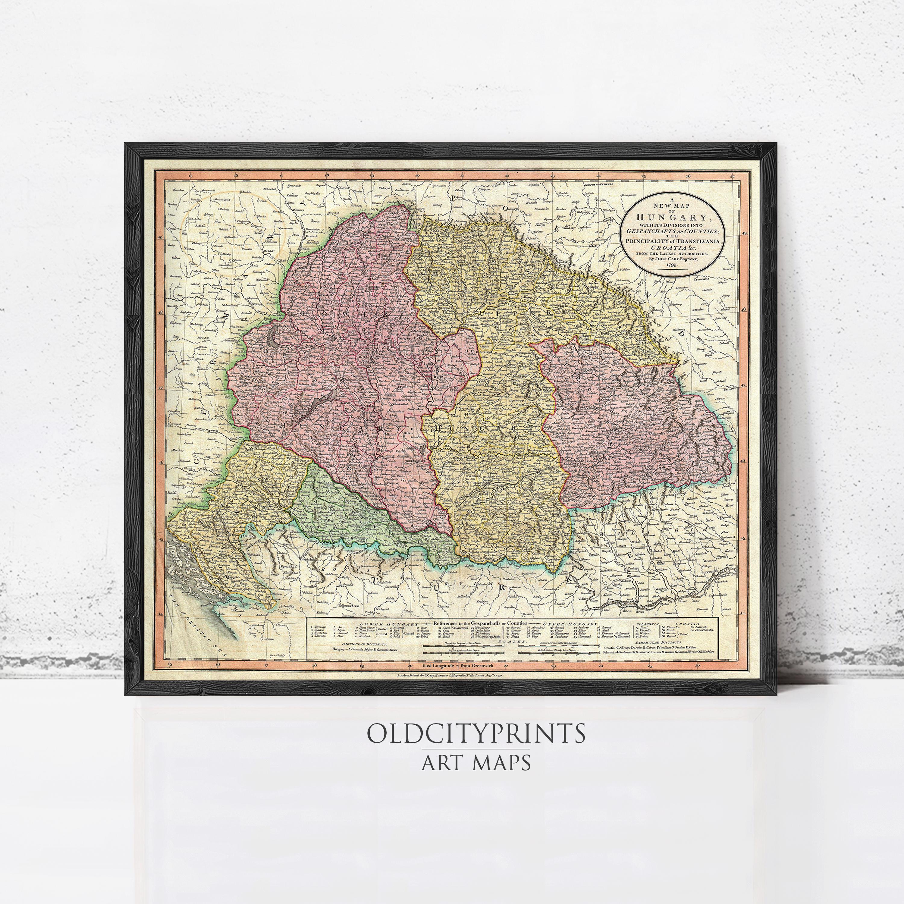 A framed vintage map of Hungary, showing the country's geographical layout and boundaries.
