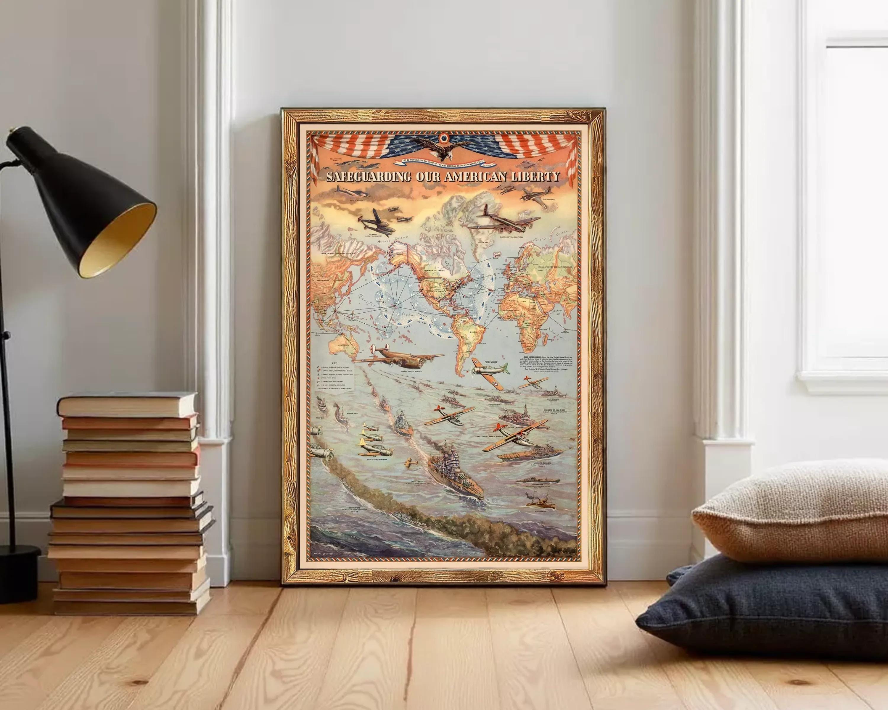 The image is a framed poster depicting various airplanes and ships, with a focus on the American military.