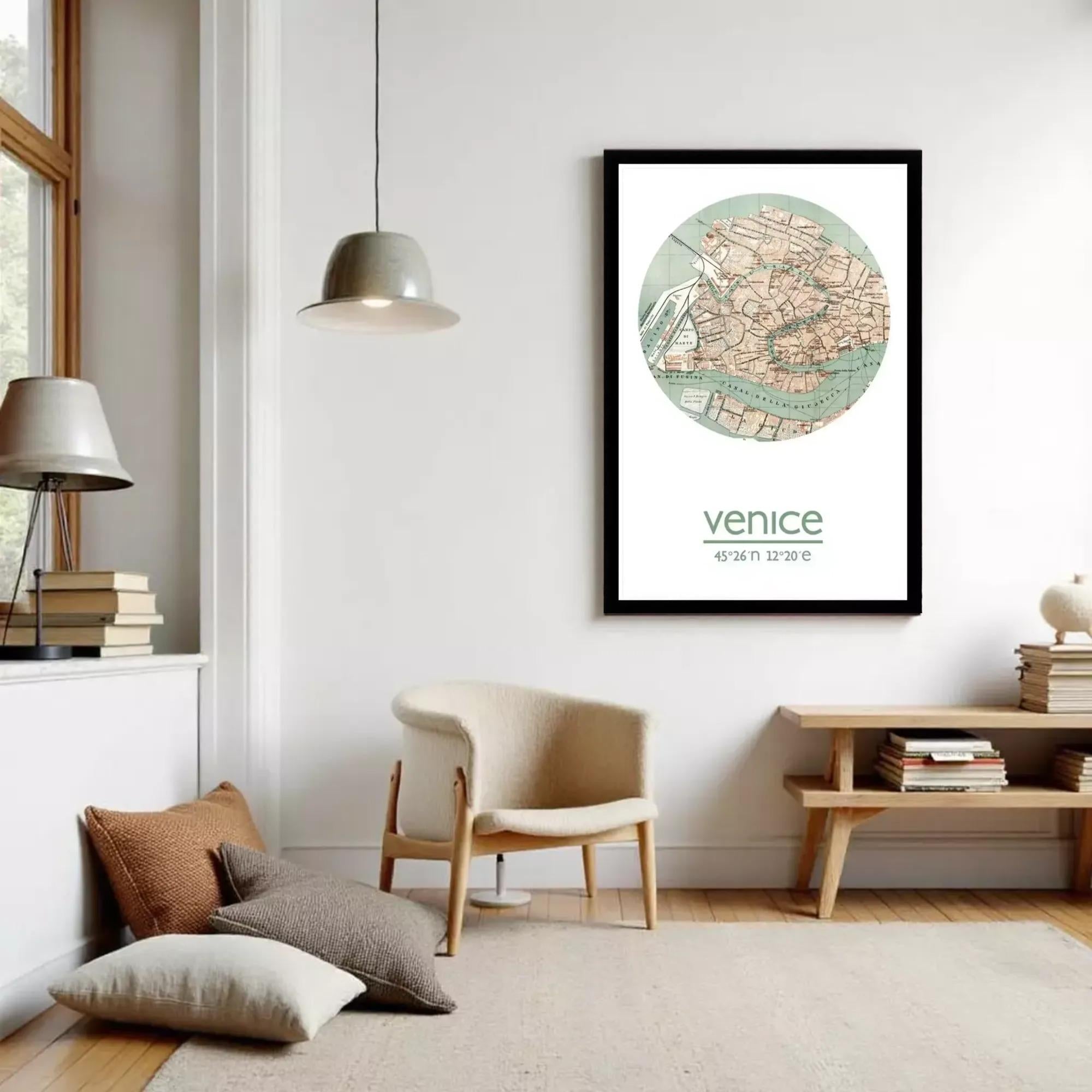 The image is a framed poster depicting a map of Venice, Italy, with the city's streets and landmarks clearly visible.