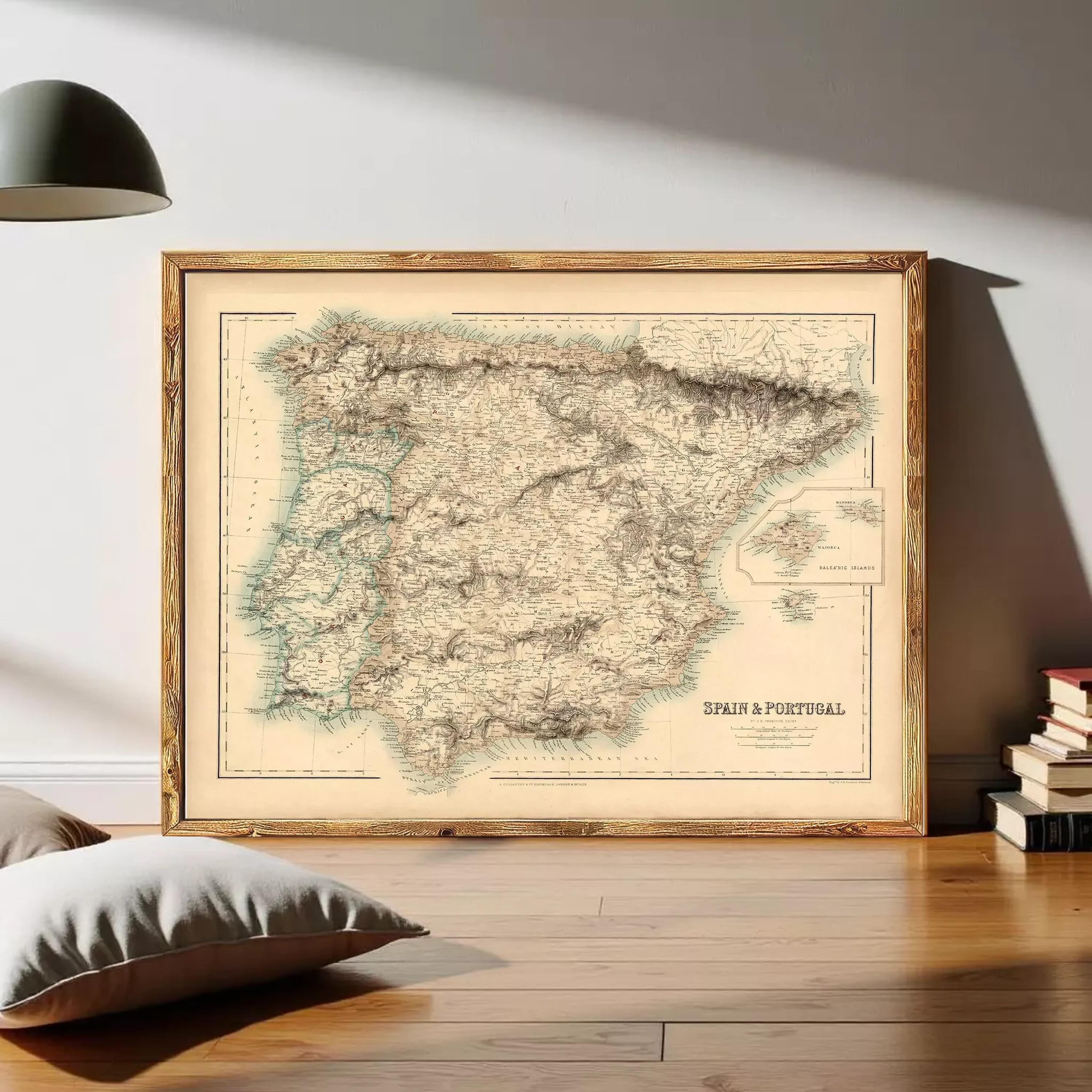 The image is a framed vintage map of Spain and Portugal, depicting the two countries in a detailed and intricate manner.