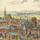 a detailed and colorful illustration of a cityscape, showcasing a variety of architectural styles and structures, including churches, towers, and buildings.