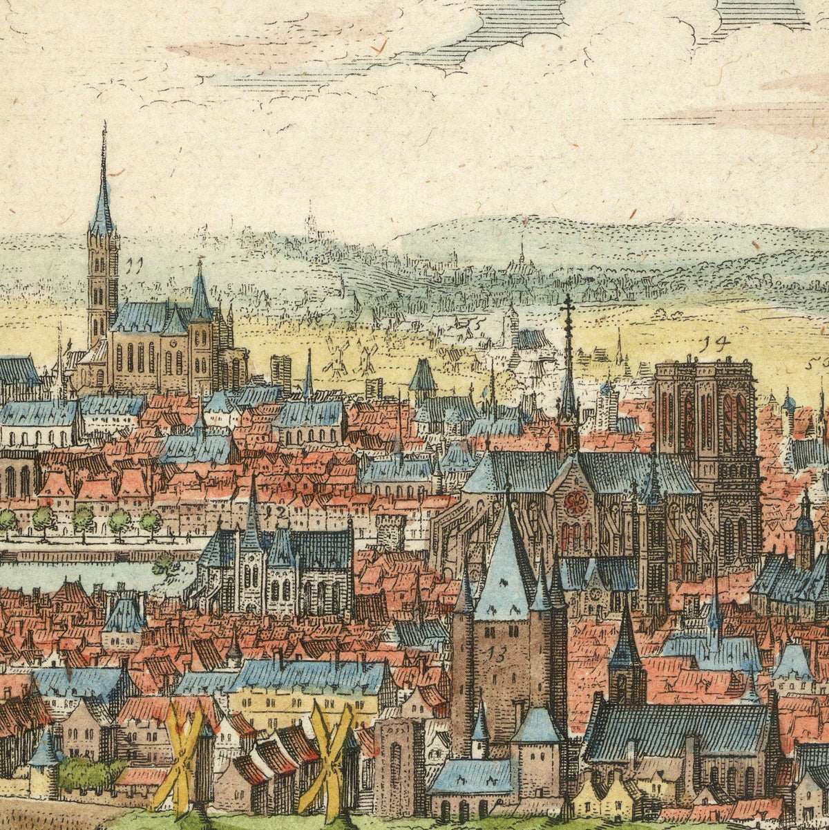 a detailed and colorful illustration of a cityscape, showcasing a variety of architectural styles and structures, including churches, towers, and buildings.