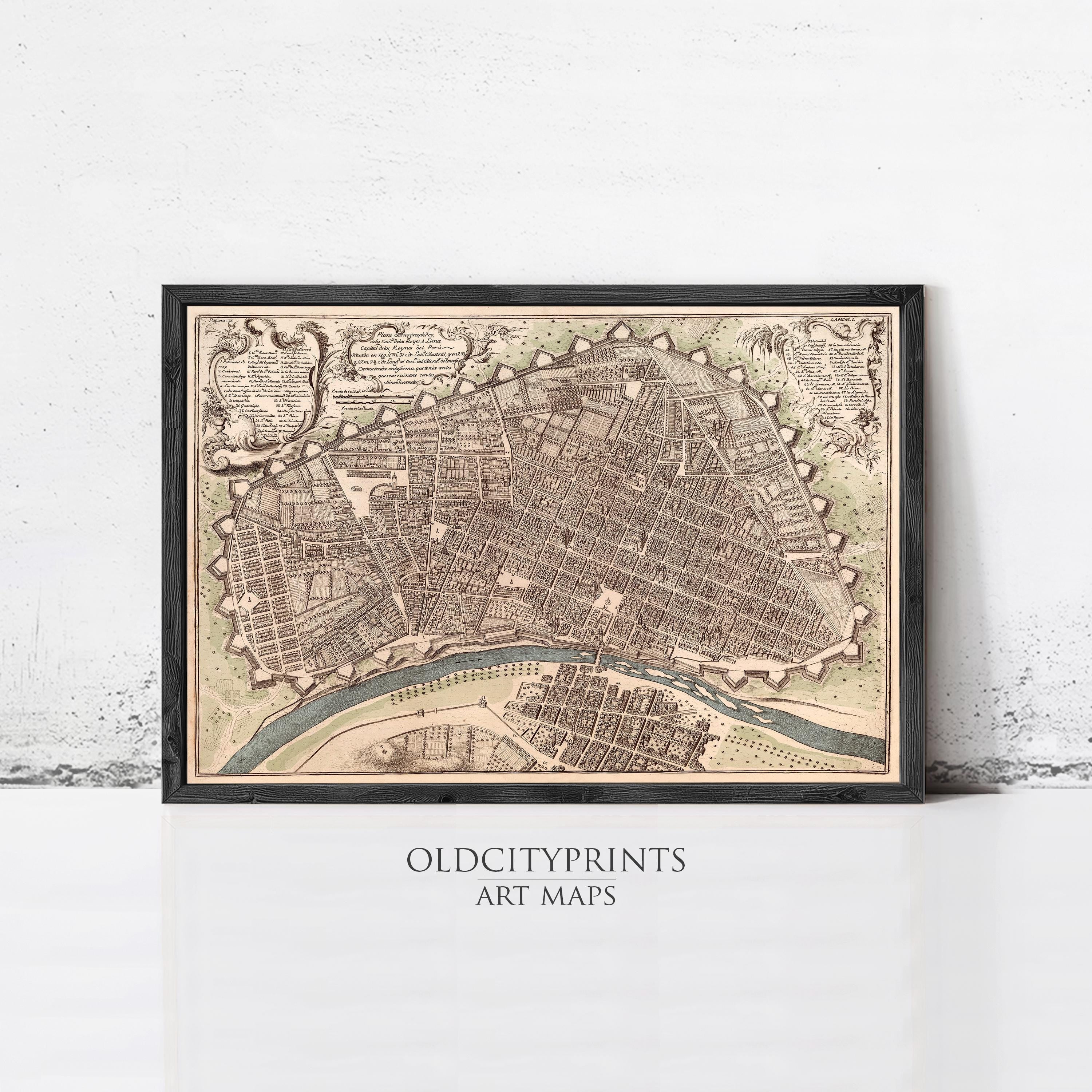 The image is a framed antique map of a city, likely from the 16th century, with detailed cartography and a vintage appearance.