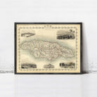 The image is a framed vintage map of Jamaica, featuring various landmarks and geographical details.