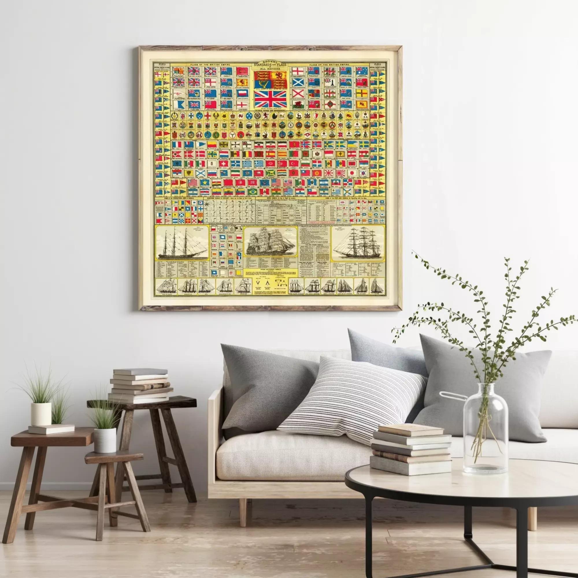 a large framed poster of various flags and nautical symbols hanging on a wall above a couch and a coffee table in a living room setting.
