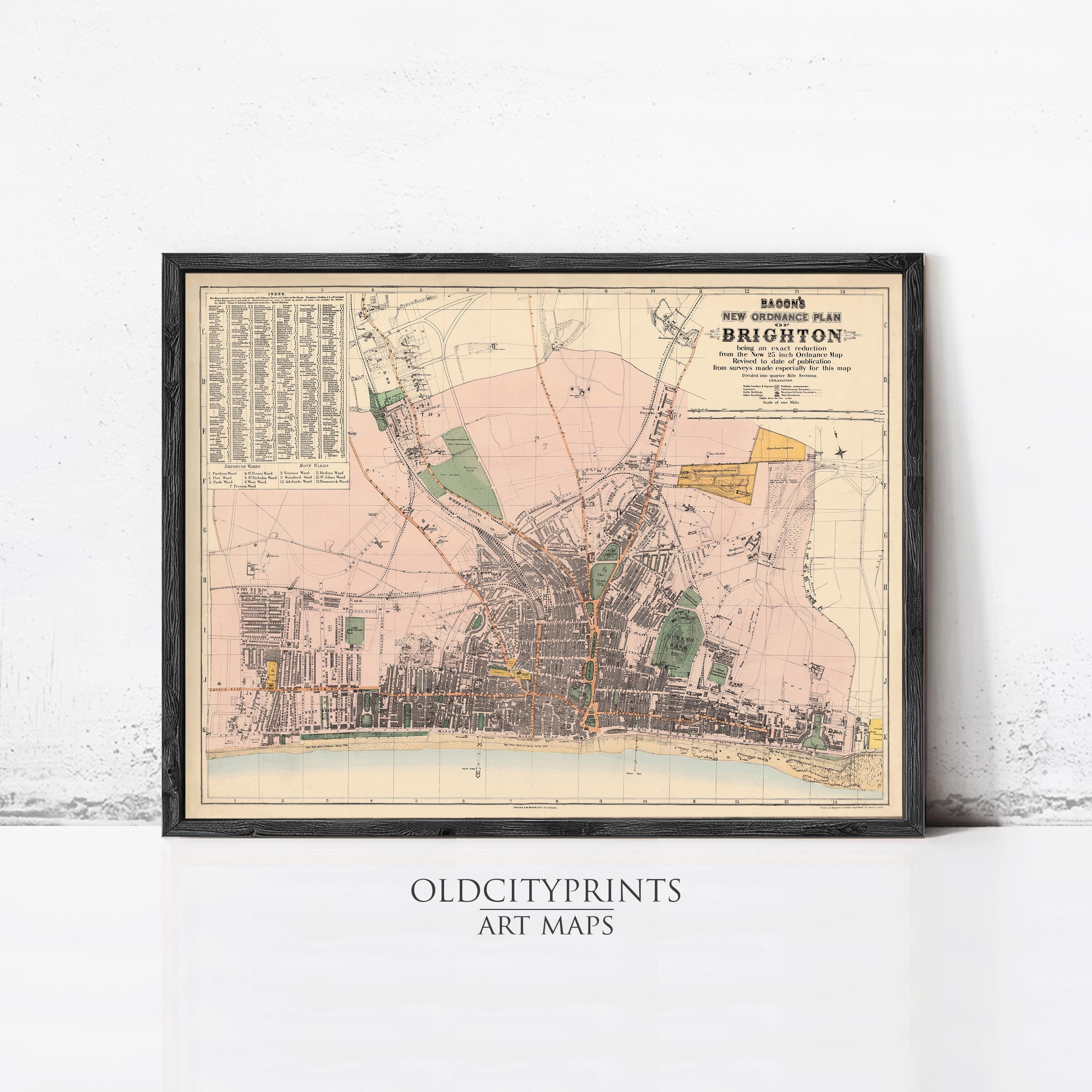 The image is a framed vintage map of Brighton, England, depicting the city's layout and surrounding areas.