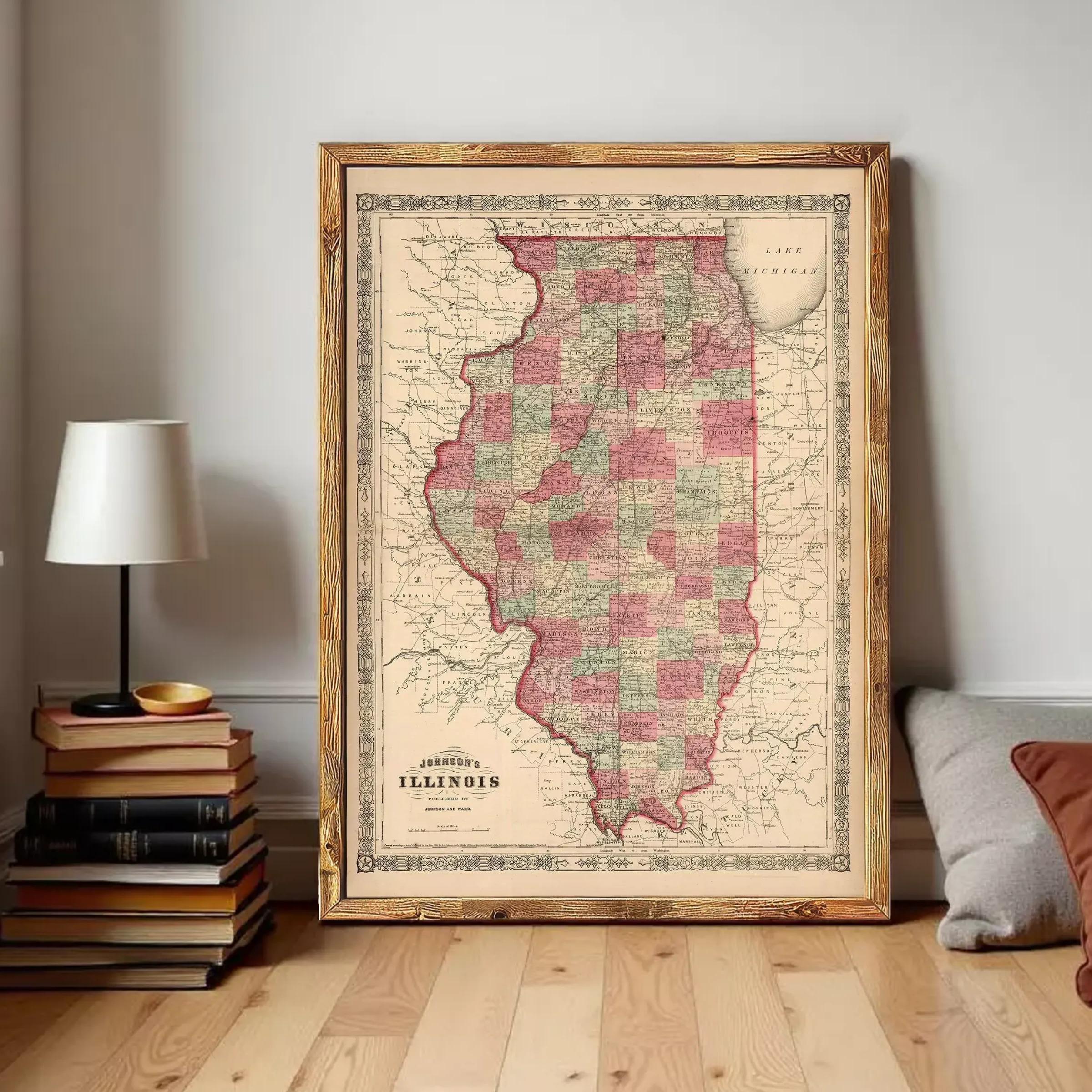 The image is a framed map of Illinois, a state in the United States.