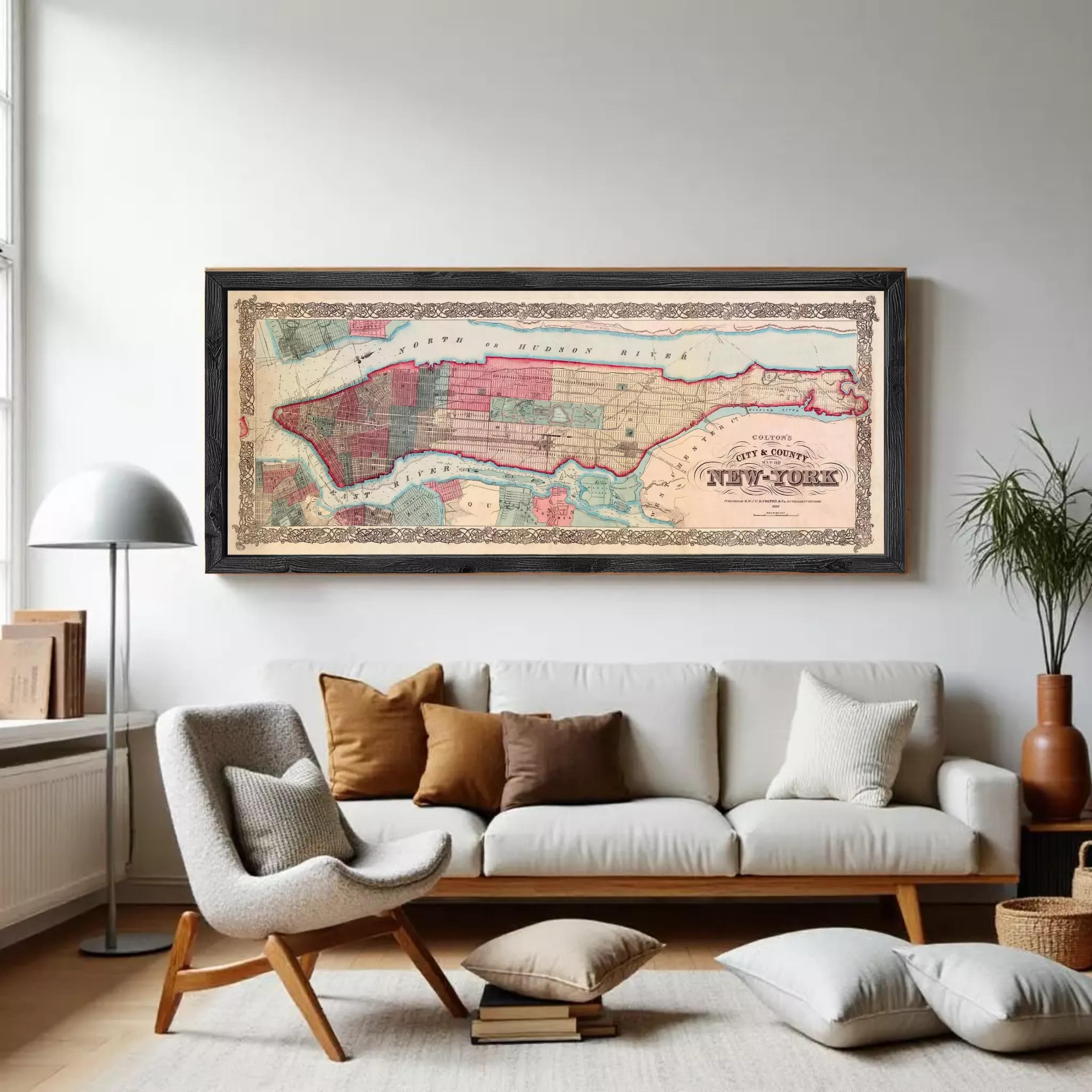 A framed map of New York City from the year 1848, depicting the city's layout and surrounding areas.