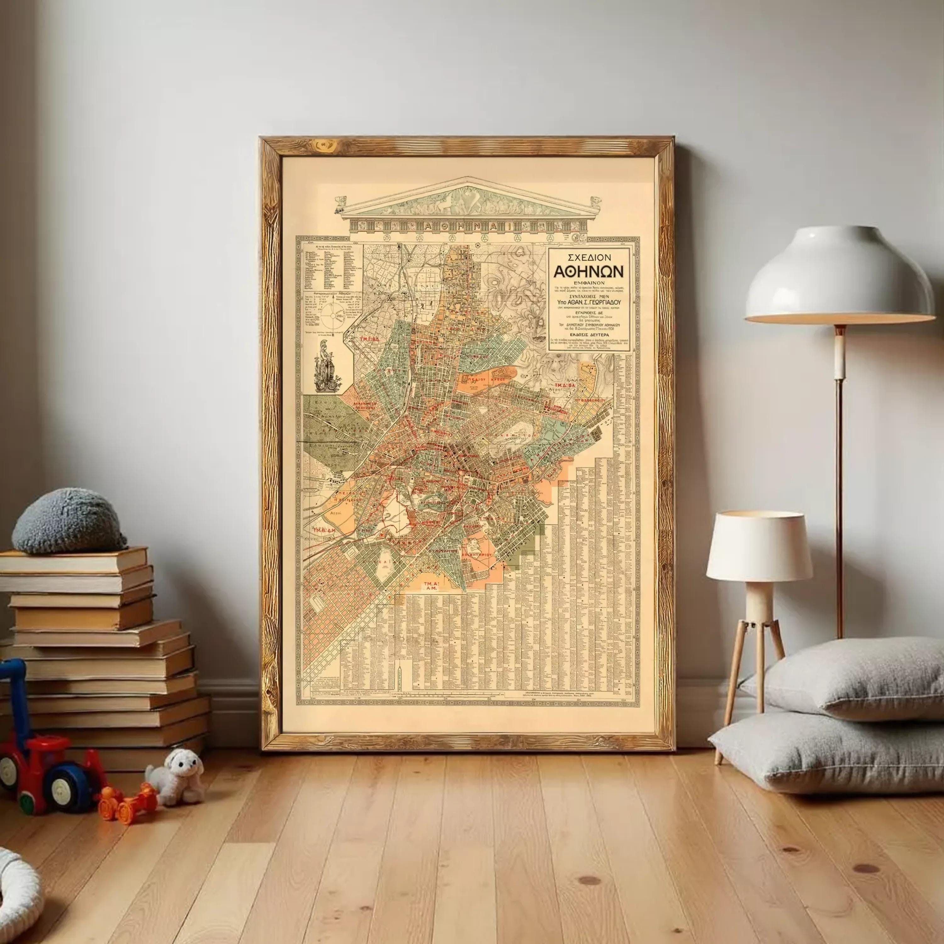 a large framed map of the city of Washington, D.C., with a lamp and some books in the background.