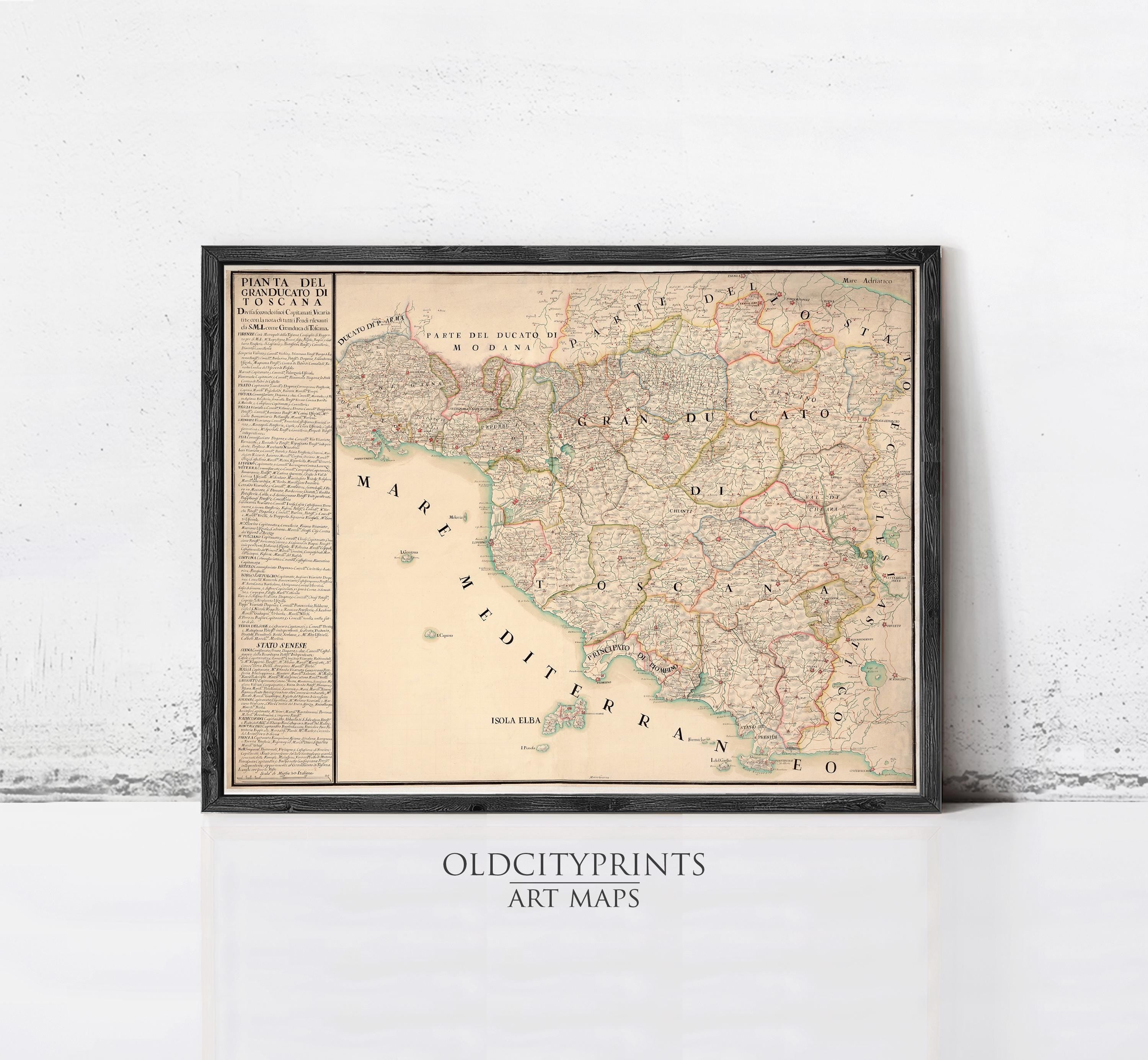 The image is a framed vintage map of Italy, with detailed labels and borders.