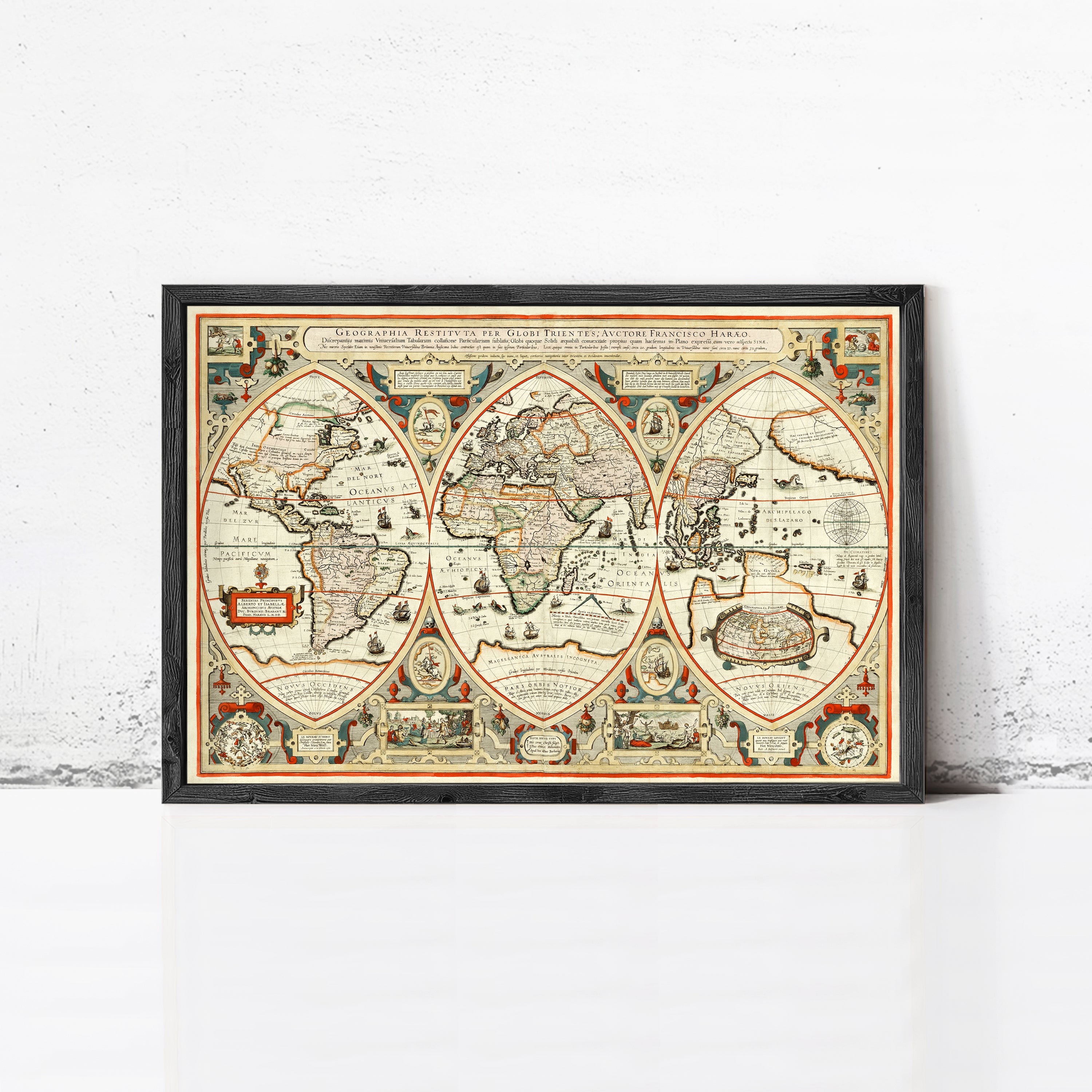 The image is a framed vintage map of the world, featuring detailed illustrations and labels.