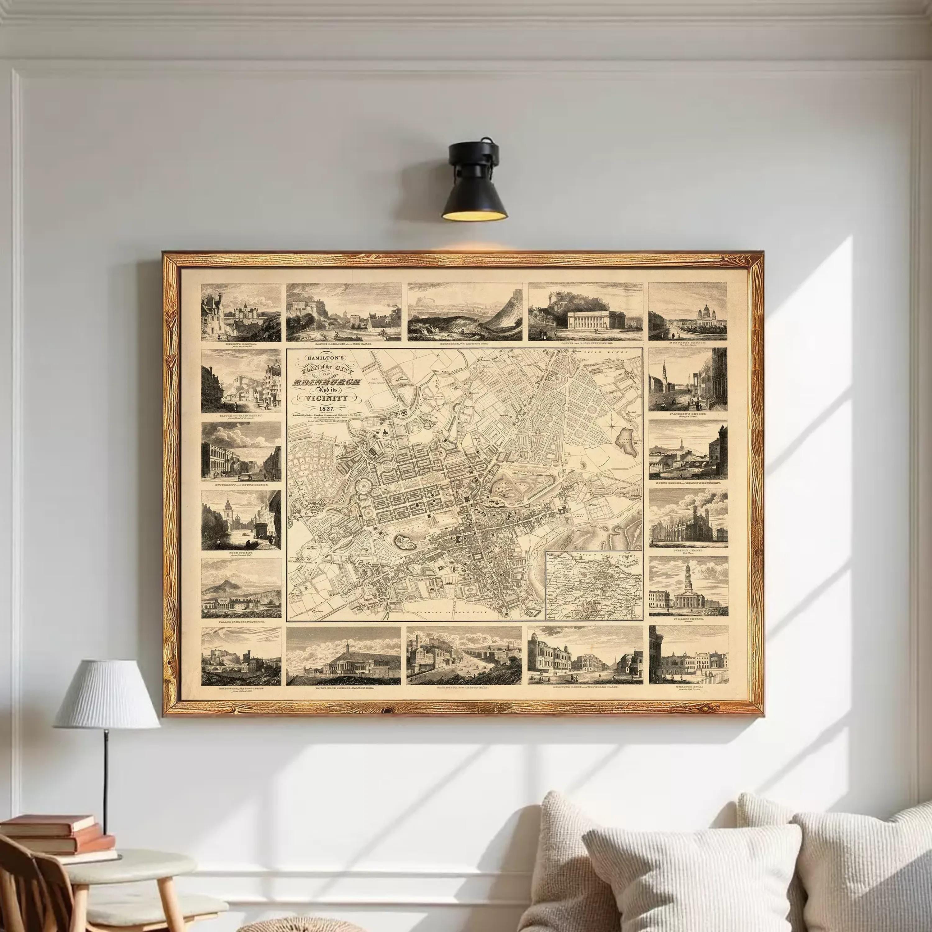 The image is a framed vintage map of a city, featuring a detailed layout of streets, buildings, and landmarks.