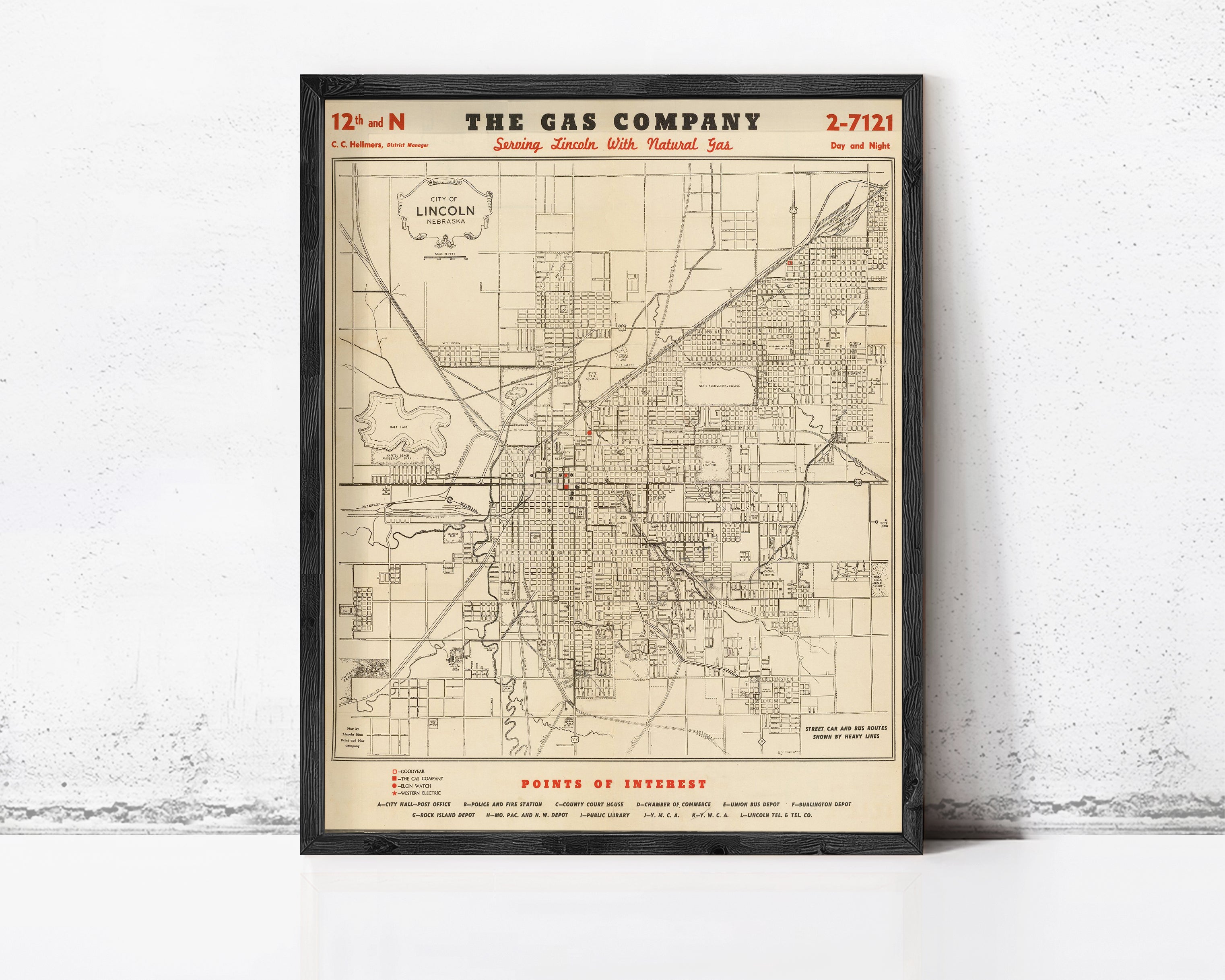 The image is a framed vintage map of the city of Lincoln, Nebraska, showing the layout of the city and surrounding areas.