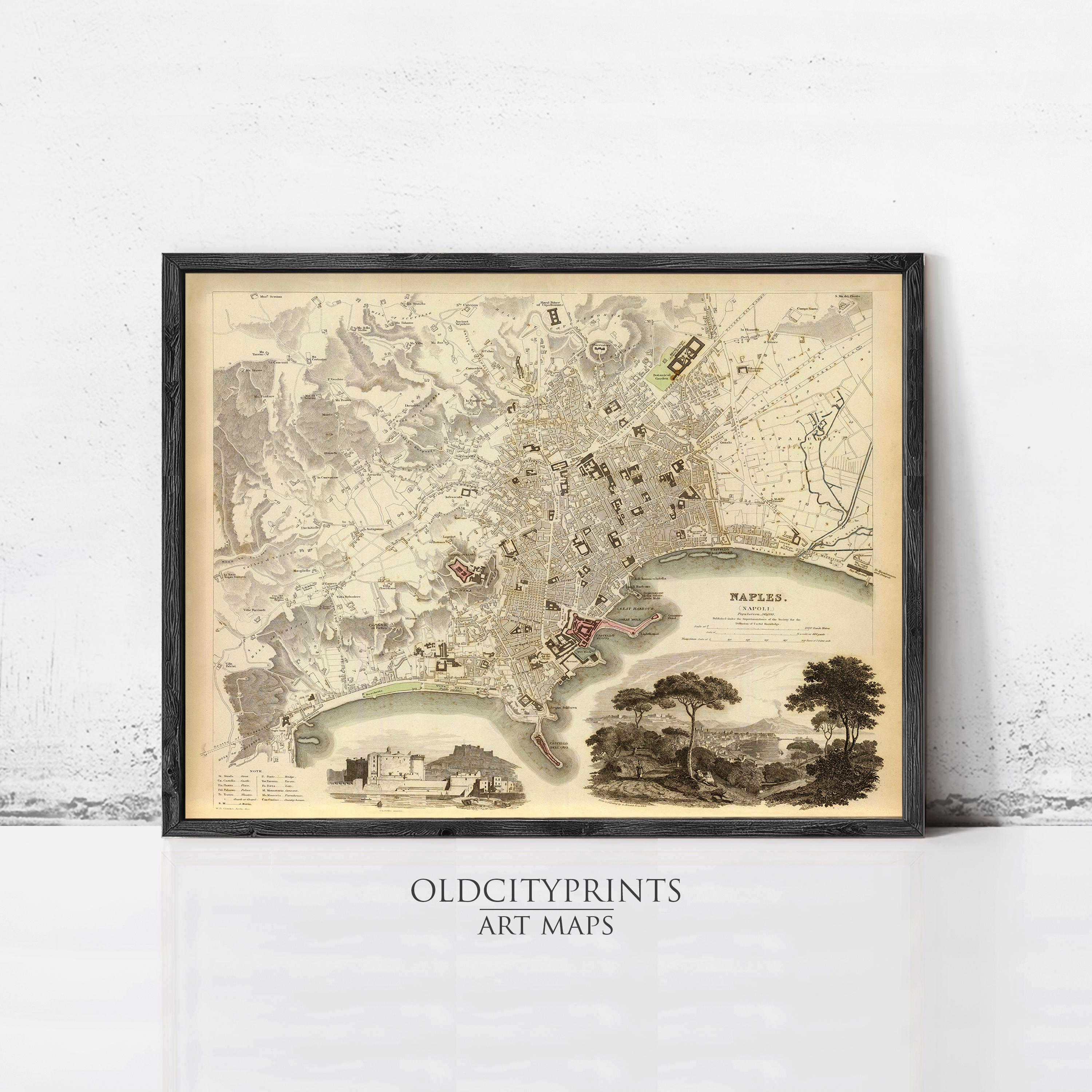 The image is a framed vintage map of Naples, Italy, depicting the city's layout and surrounding areas.