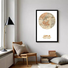 A framed vintage map of Jaipur, India, with the city's location and date displayed.