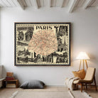 The image is a framed vintage map of Paris, featuring various landmarks and cityscapes.
