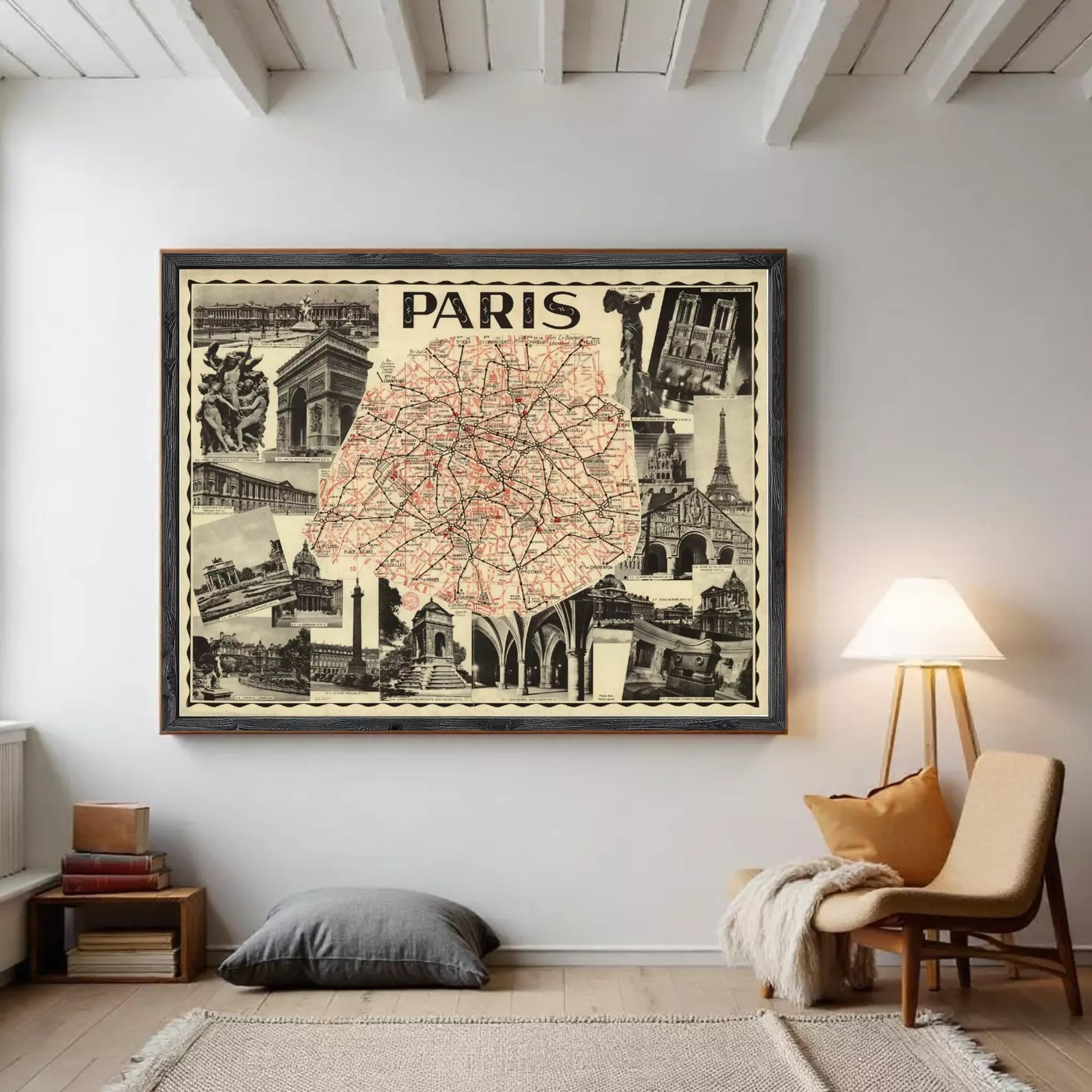 The image is a framed vintage map of Paris, featuring various landmarks and cityscapes.