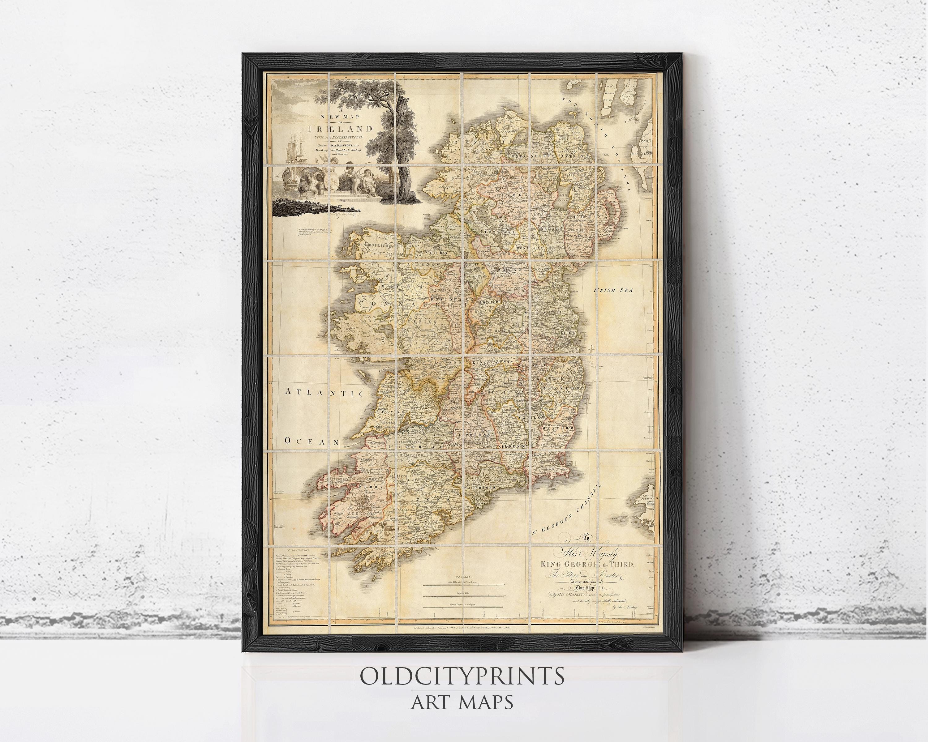 The image is a framed vintage map of Ireland, featuring a detailed and intricate depiction of the country's geographical layout.