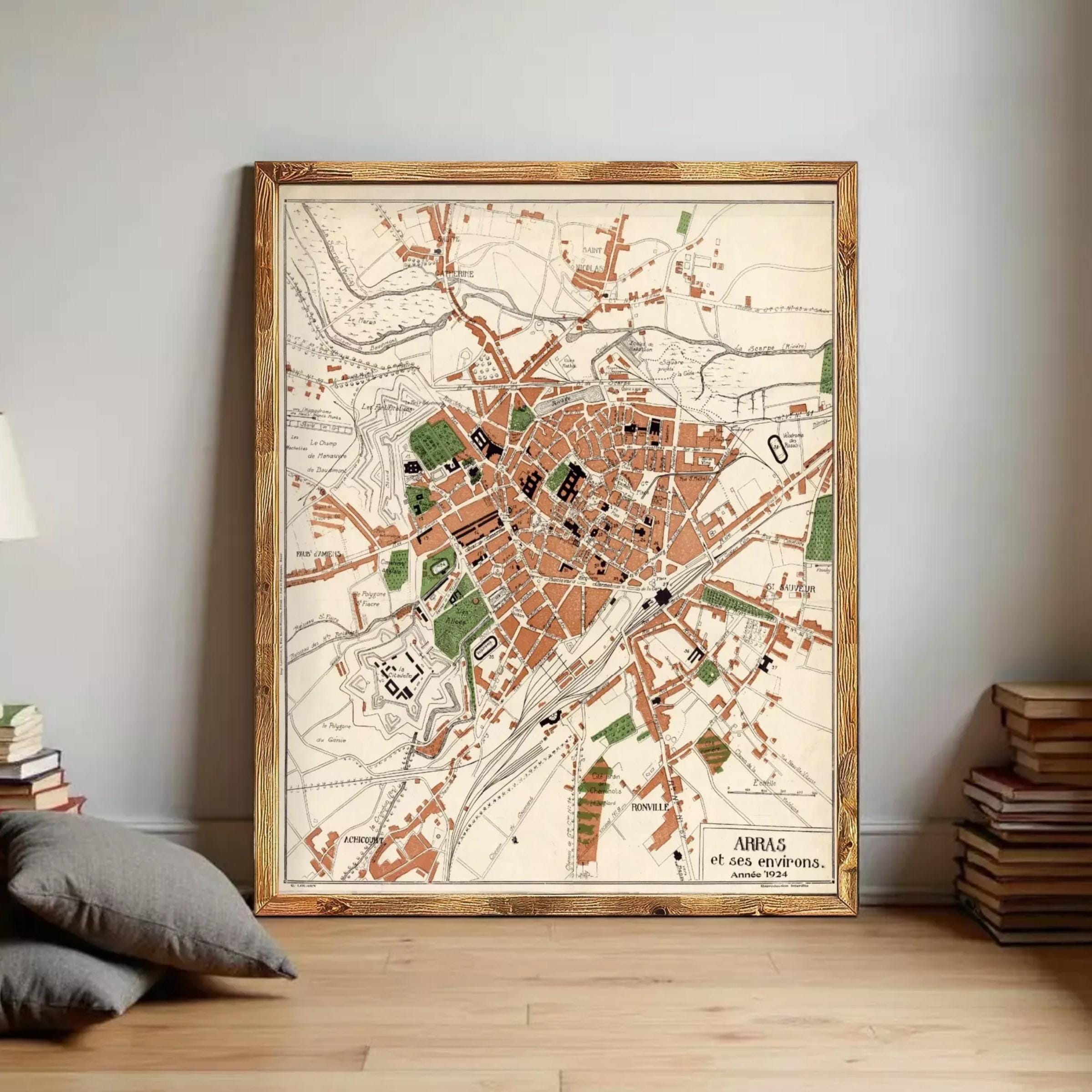 The image is a framed map of a city, depicting various landmarks and streets.