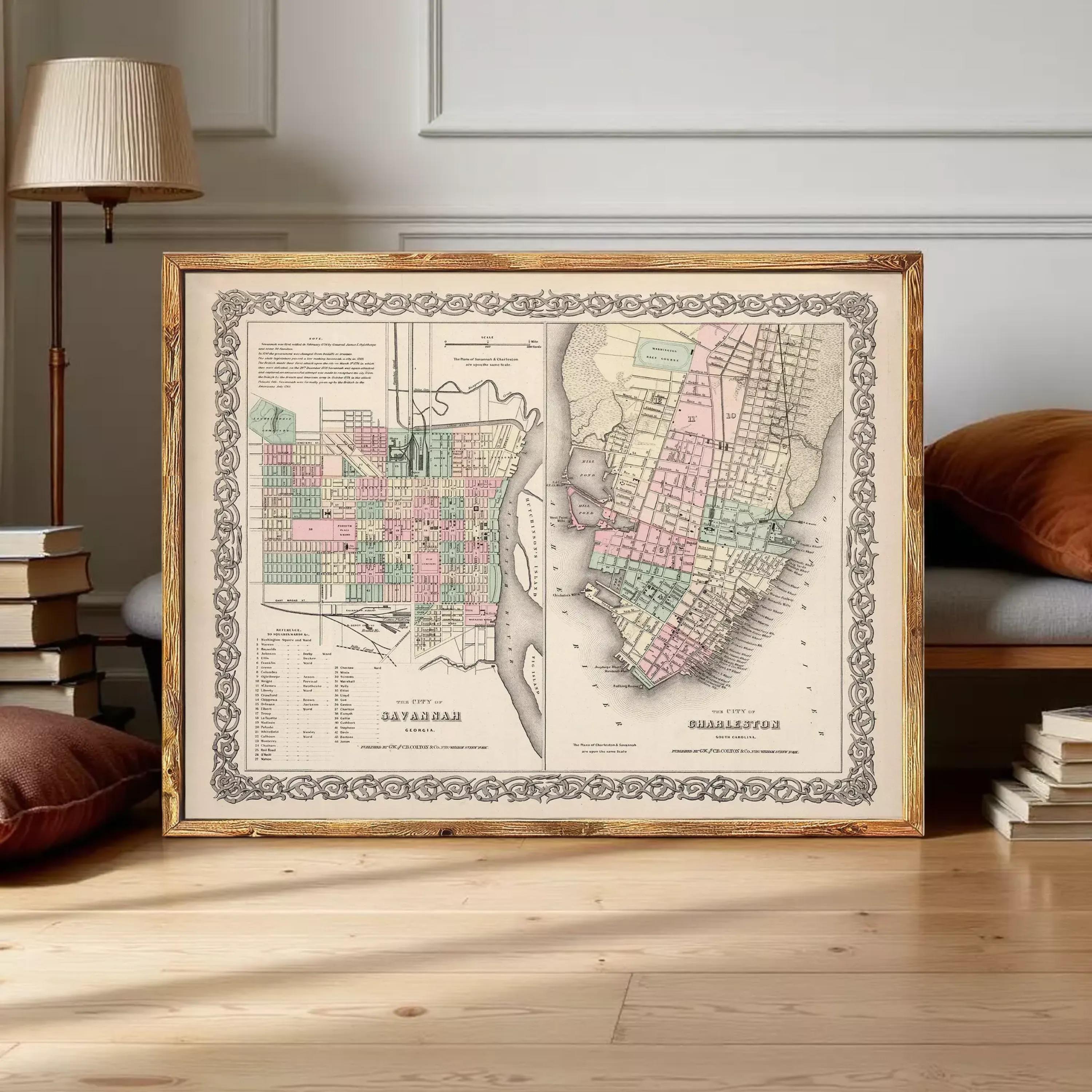 The image is a framed vintage map of the city of Savannah, Georgia, with a detailed layout of the city's streets and neighborhoods.