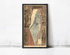 The image is a framed map of Israel, depicting the country's borders, major cities, and geographical features.