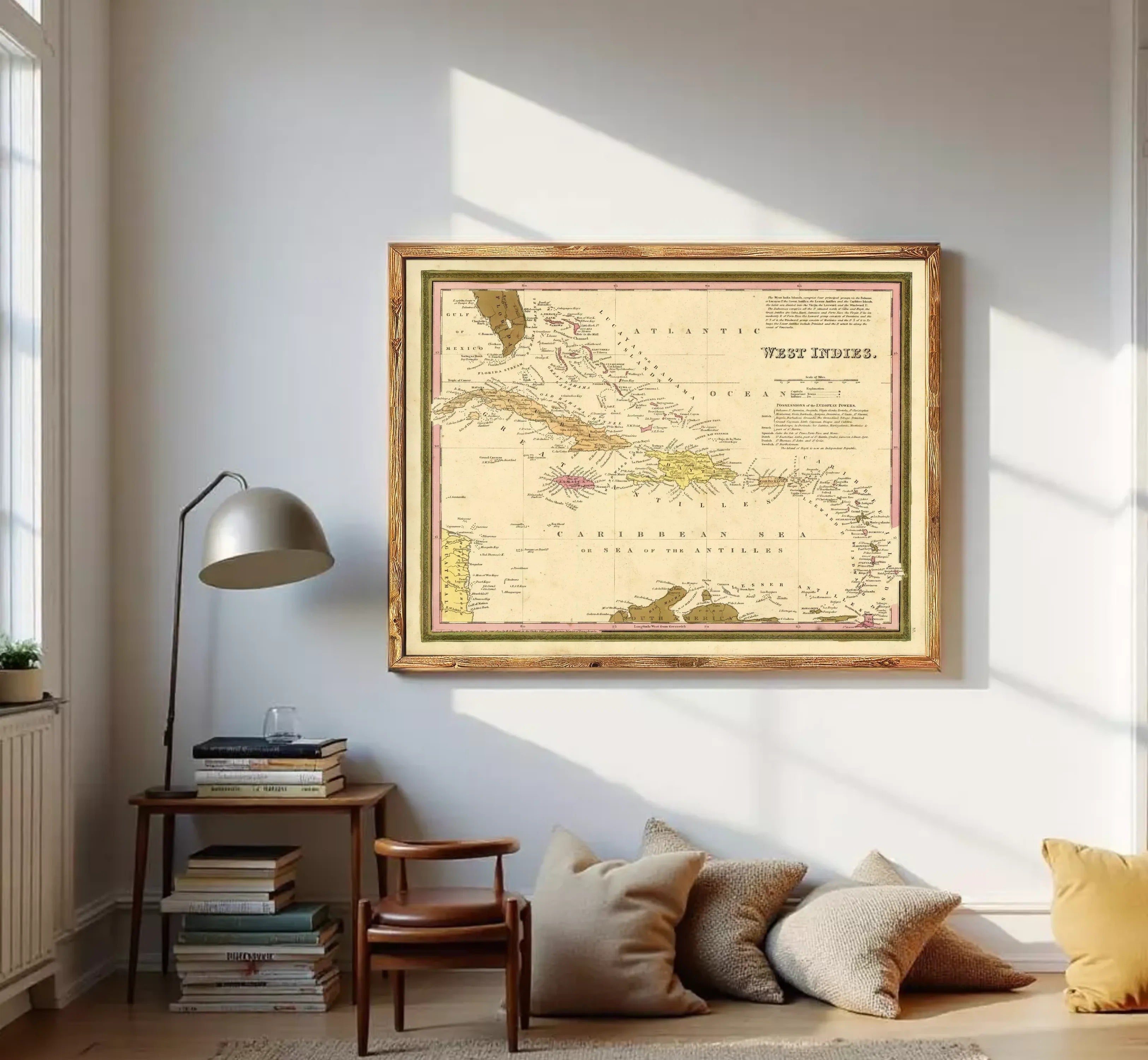 The image is a framed vintage map of West Indies, showing the Caribbean Sea and surrounding islands.