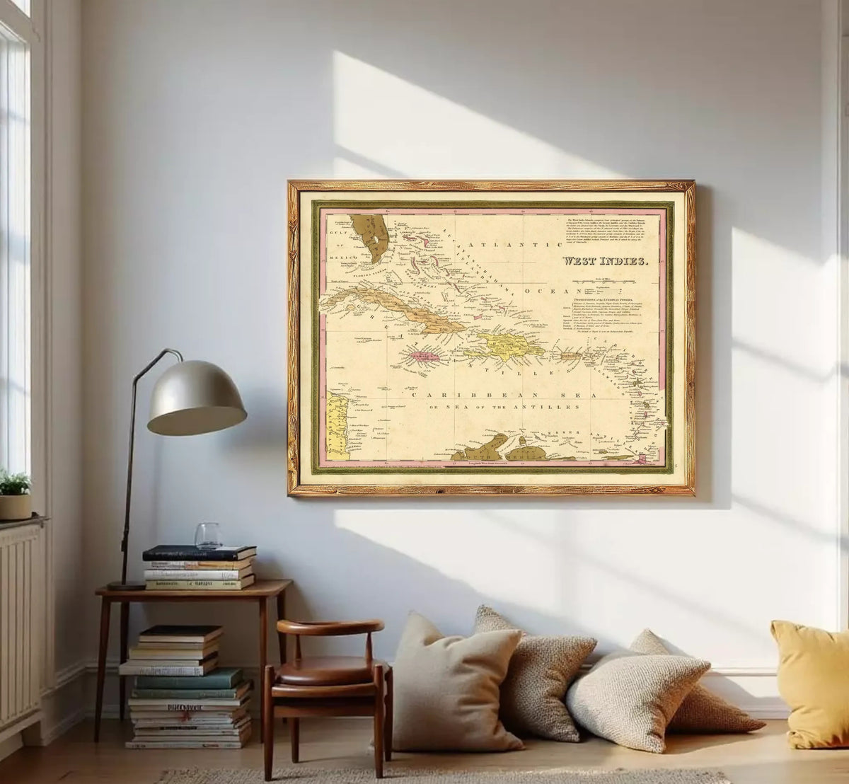 The image is a framed vintage map of West Indies, showing the Caribbean Sea and surrounding islands.