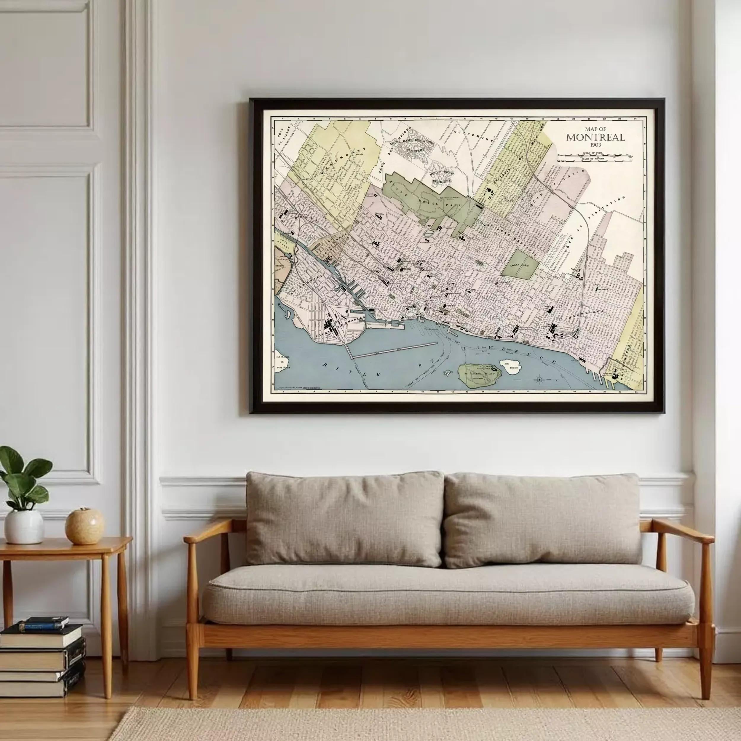 a large framed map of Montreal, Canada, hanging on a wall above a wooden bench.