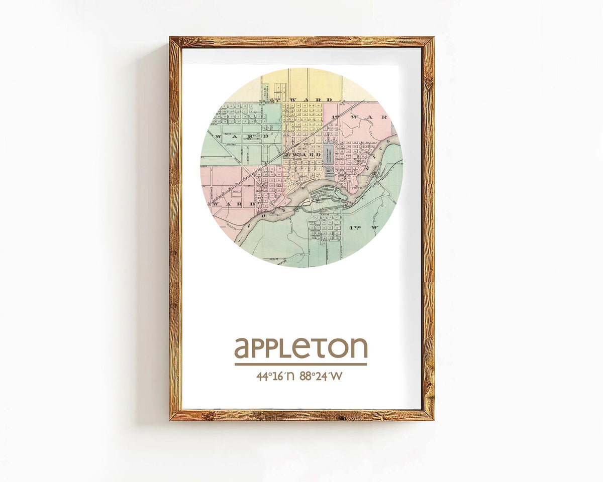 The image is a framed print of a map of Appleton, Wisconsin, with the name 'Appleton' printed below it.