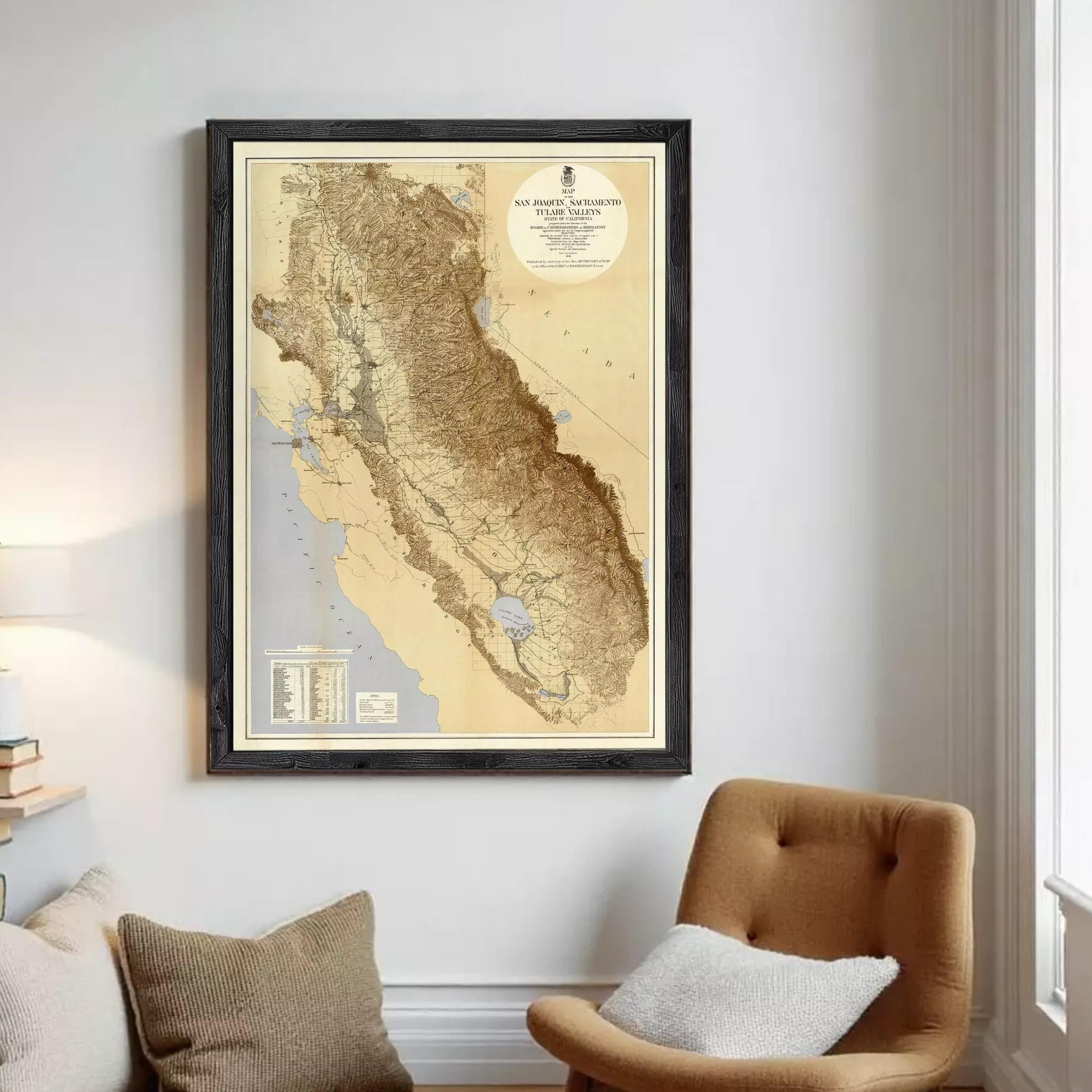 The image is a framed map of California, showing the state's geographical features and boundaries.