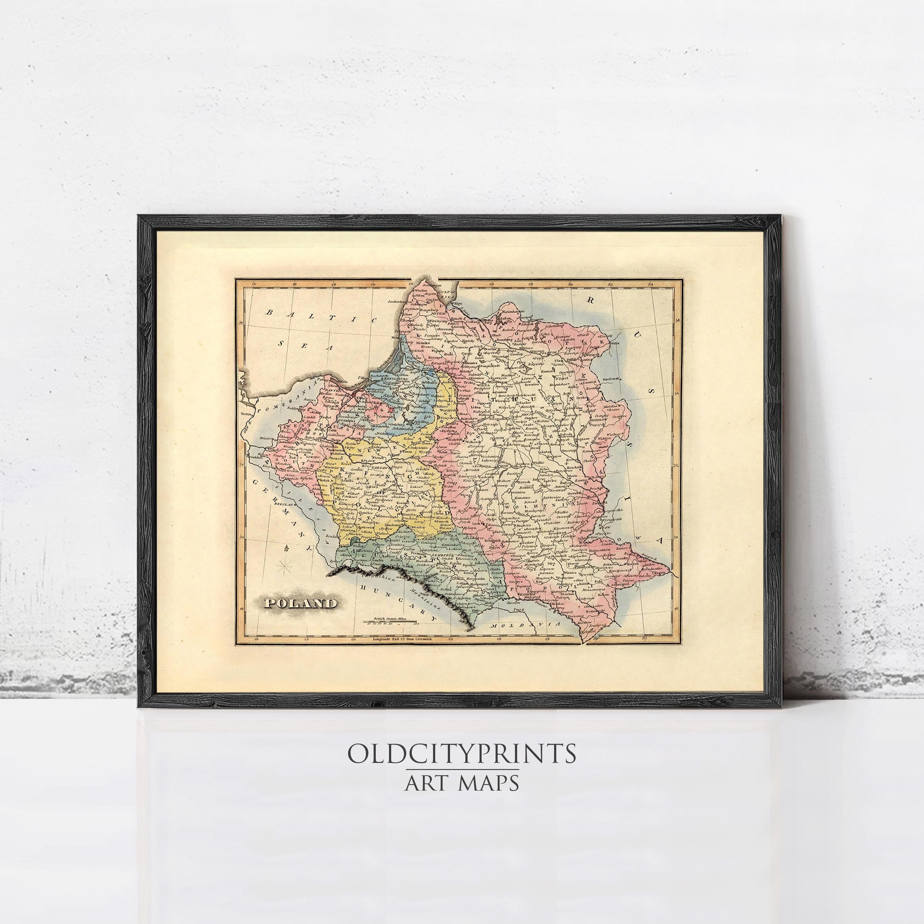 The image is a framed vintage map of Poland, depicting the country in a detailed and colorful manner.