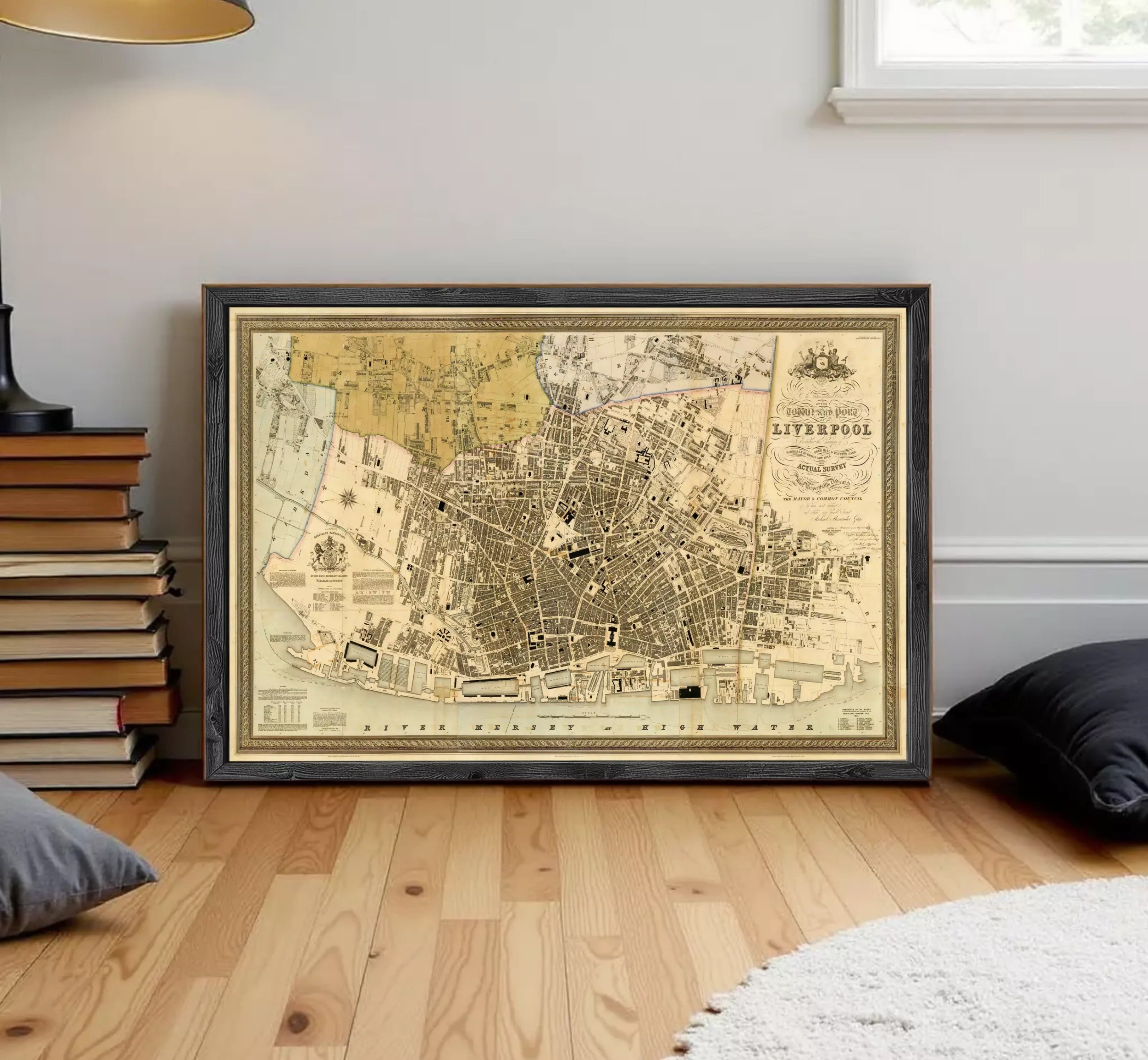 The image is a framed vintage map of Liverpool, England, depicting the city's layout and surrounding areas.