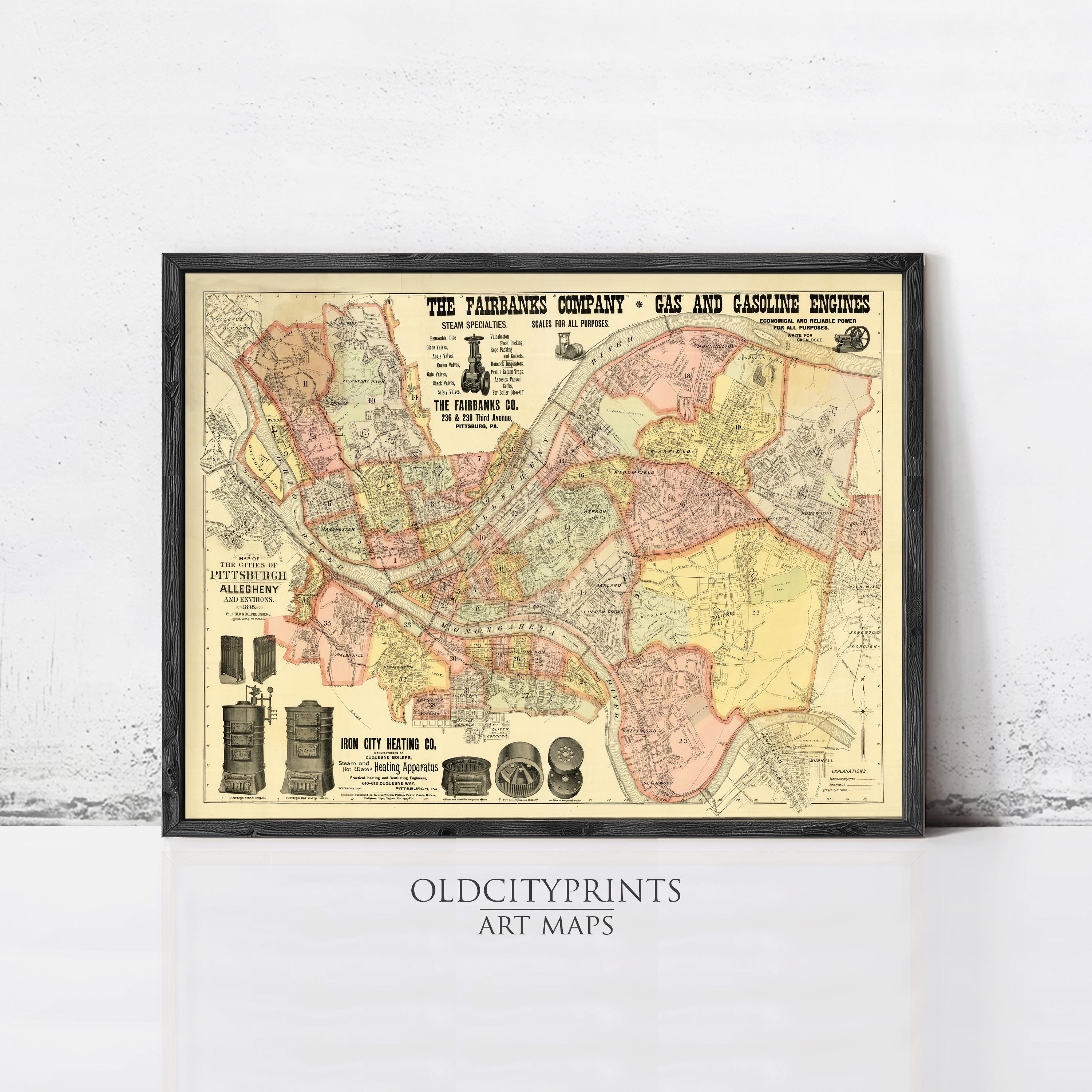 The image is a framed vintage map of Fairbanks, Alaska, depicting the Fairbanks Railway Company and its gas and oil engines.