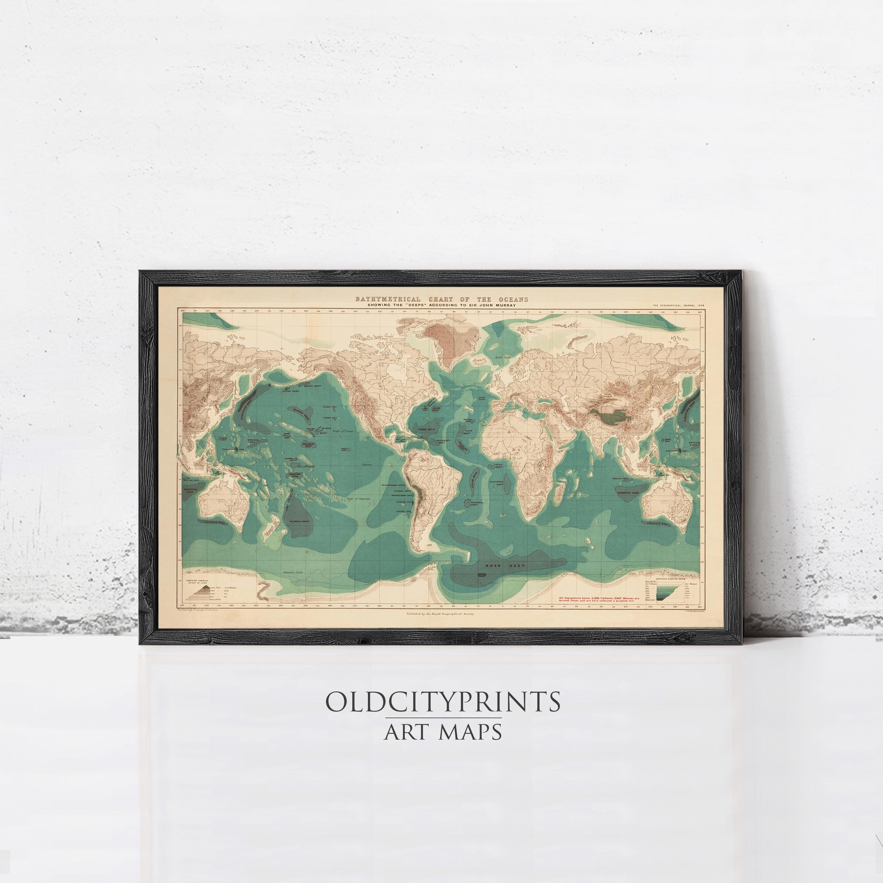 The image is a framed vintage map of the world, depicting the oceans and continents in a stylized manner.