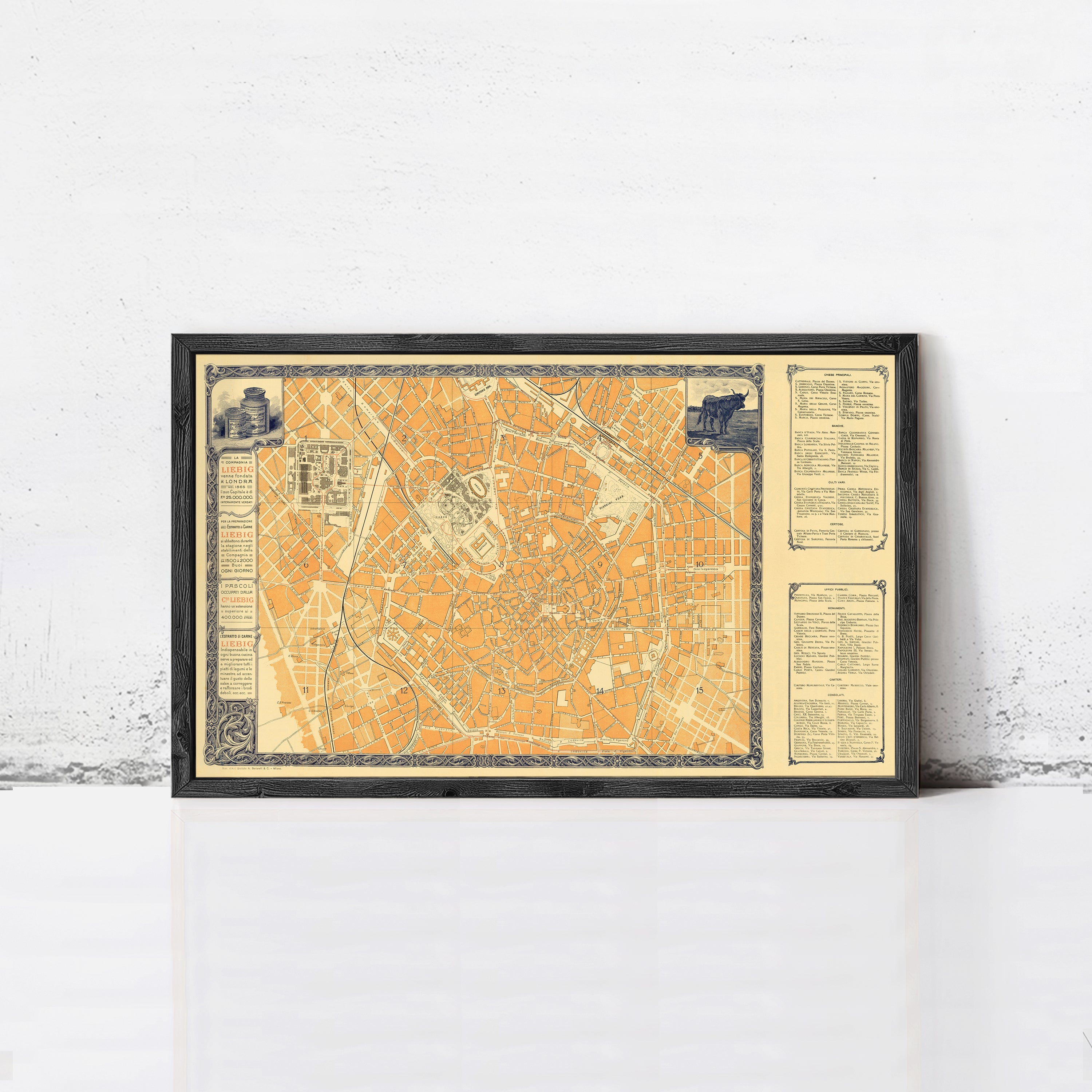 The image is a framed vintage map of a city, likely from the 19th century, displayed on a white wall.