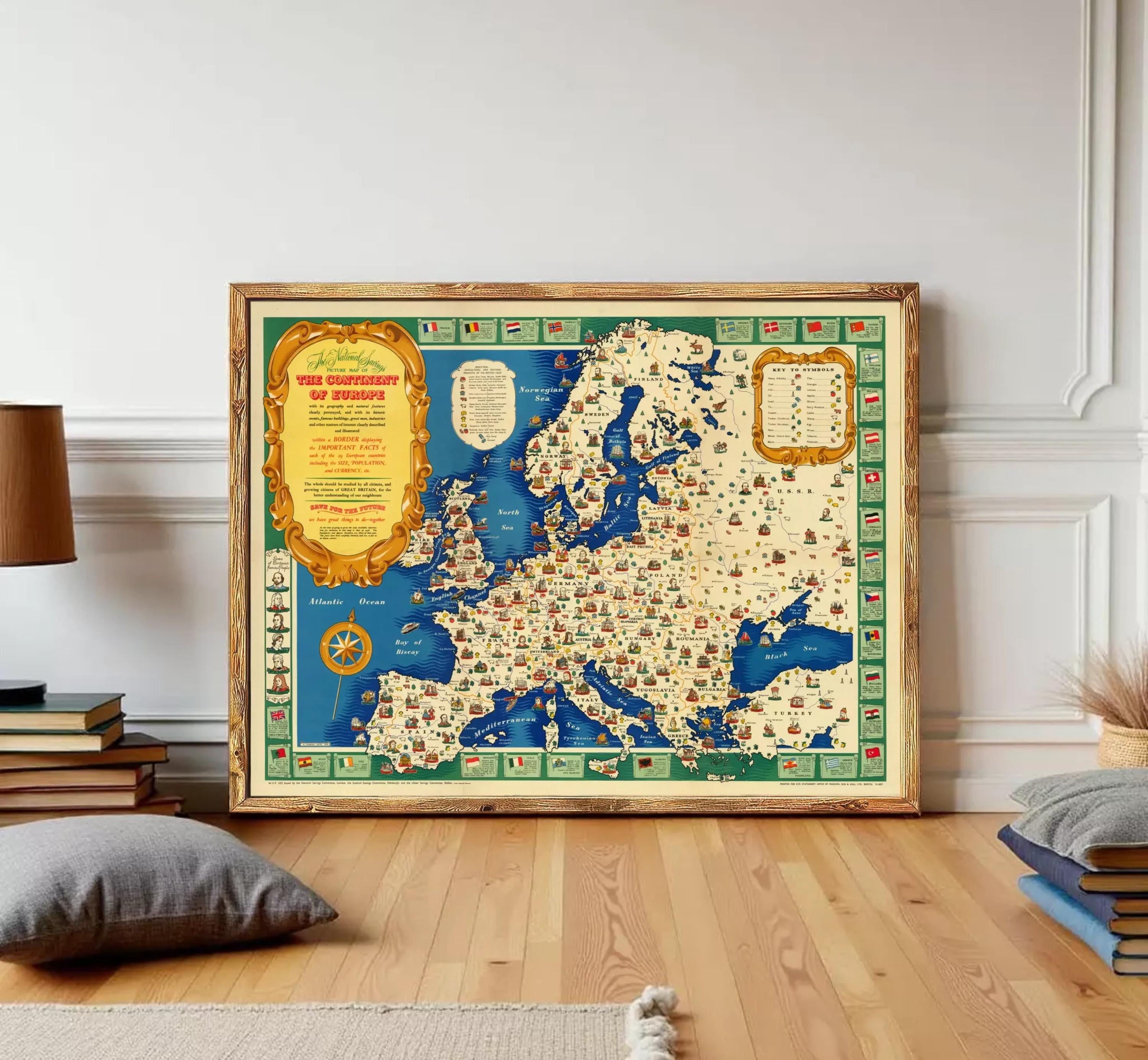 The image is a framed map of Europe, with various countries and regions marked in different colors.