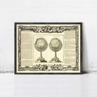 The image is a framed print featuring two antique globes, one with a pinkish hue and the other with a greenish tint. The globes are placed on ornate stands, and the frame is decorated with intricate designs and text.