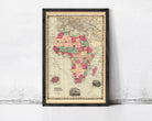 The image is a framed vintage map of Africa, depicting the continent in a detailed and colorful manner.