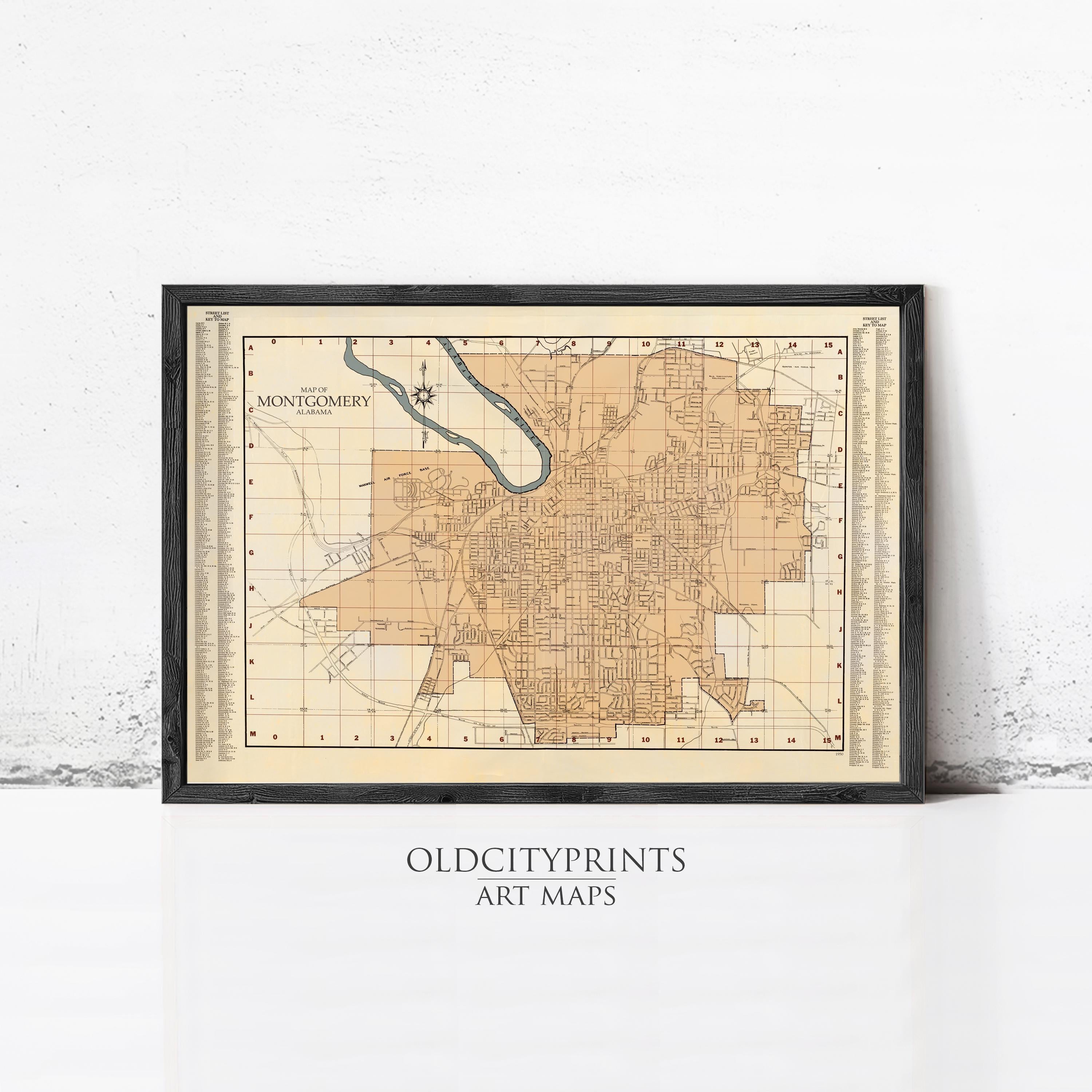 The image is a framed vintage map of Montgomery, Alabama, with a black border and a beige background.